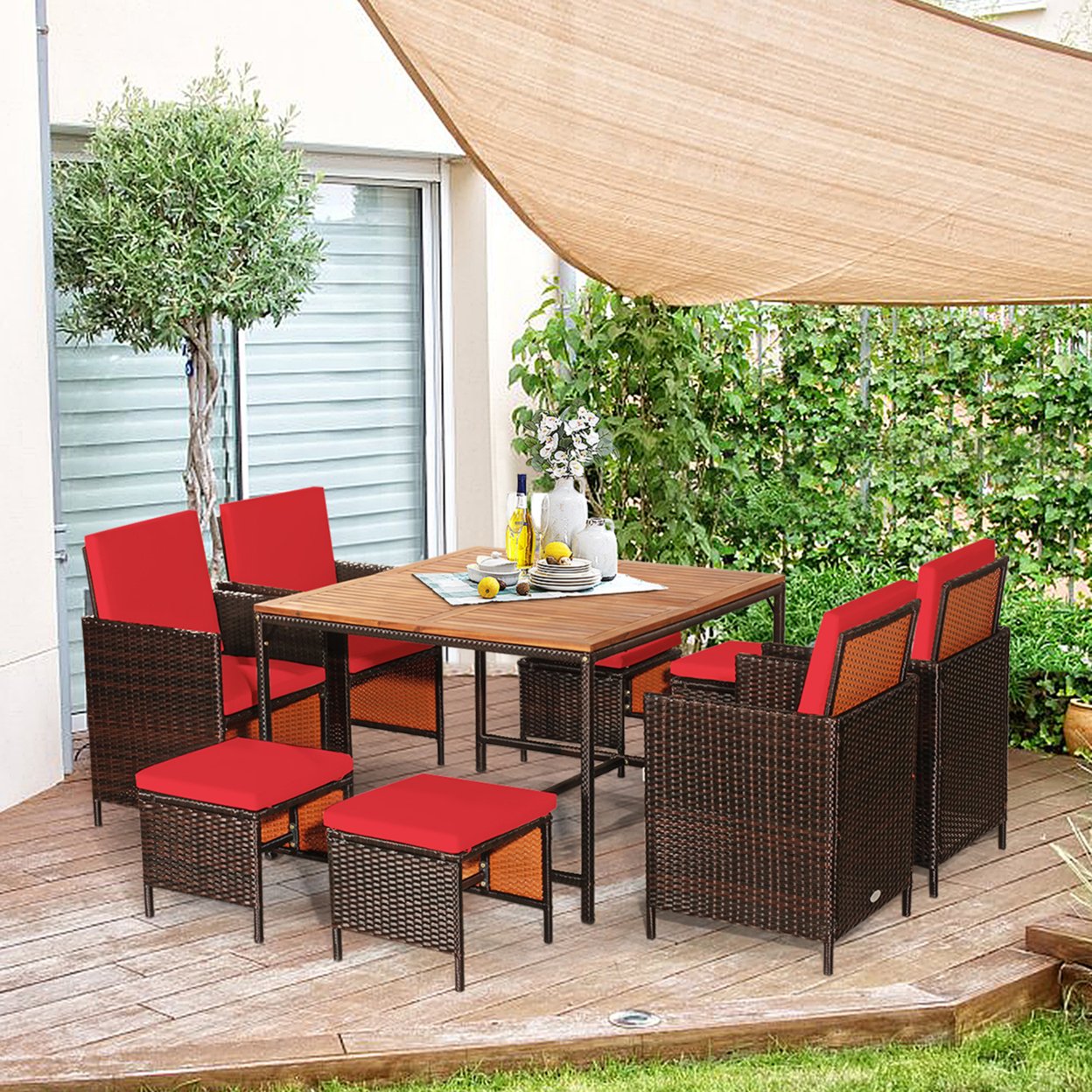 9PC Rattan Wicker Patio Dining Set Outdoor Furniture Set W/ Red Cushion