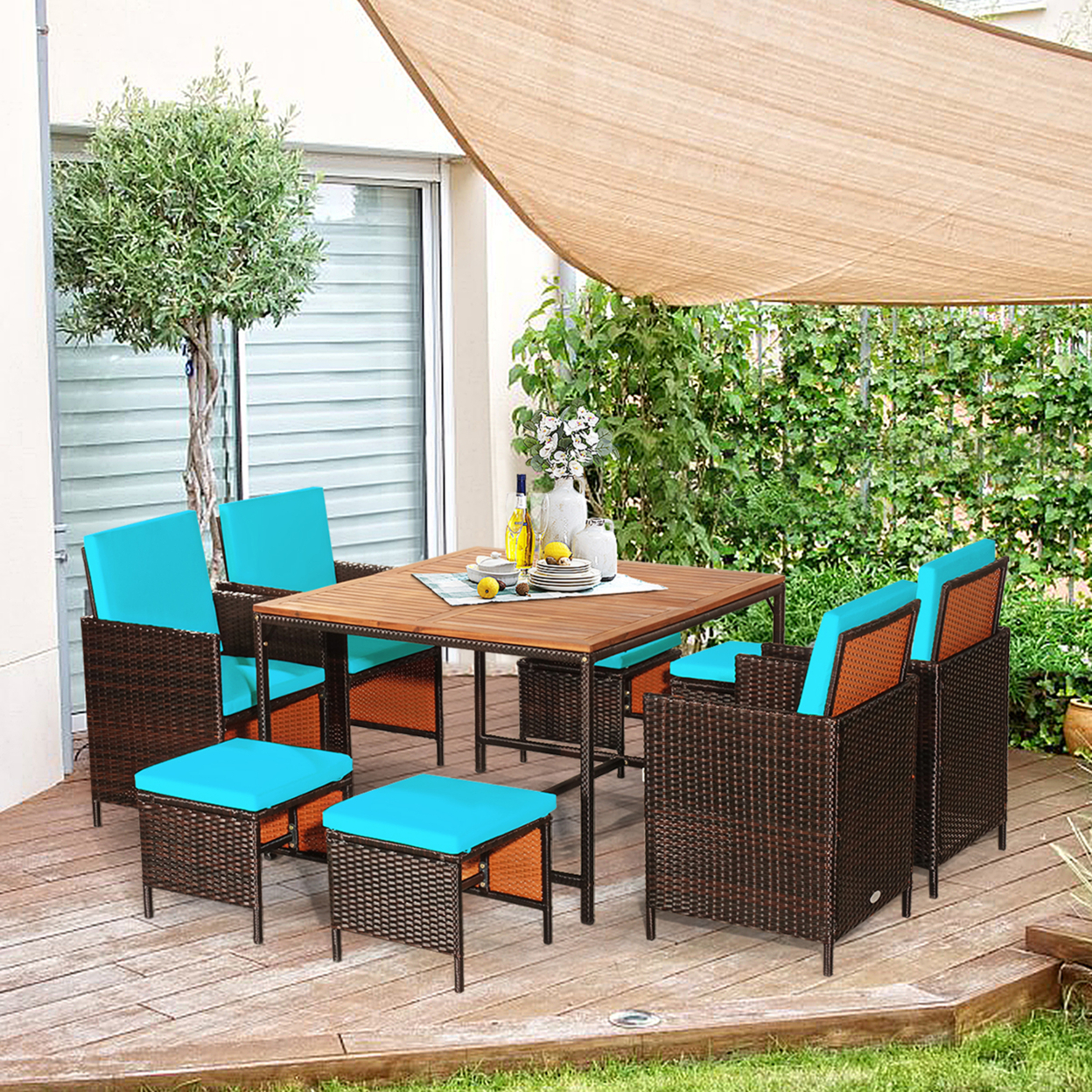9PCS Rattan Wicker Patio Dining Set Outdoor Furniture Set W/ Turquoise Cushion