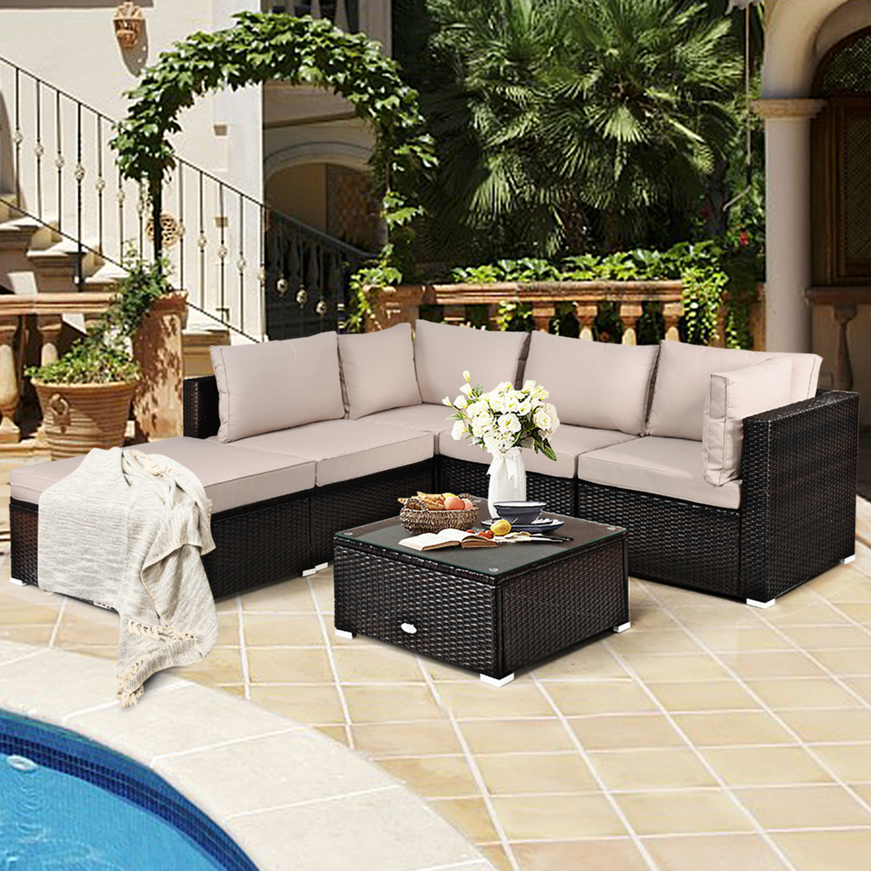 6PCS Rattan Patio Sectional Sofa Set Outdoor Furniture Set W/ Cushions