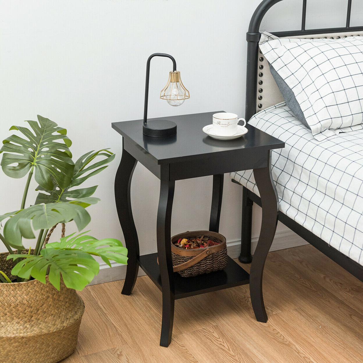 Set Of 2 Accent Side Table Sofa End Table Nightstand Coffee Table W/ Shelf Black