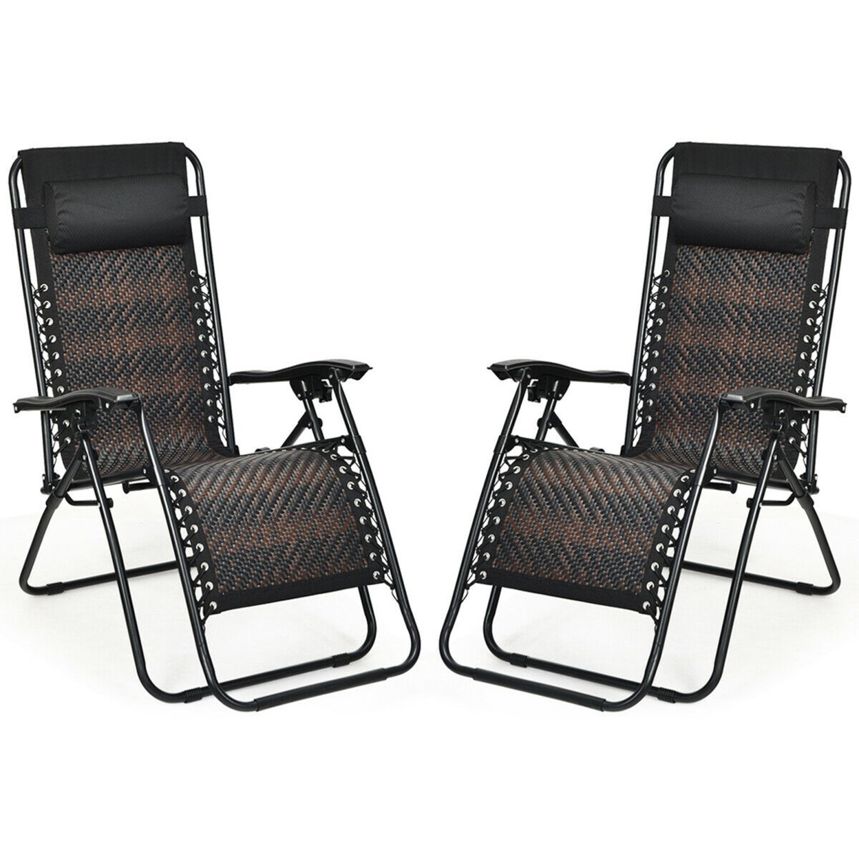 Folding Set Of 2 Rattan Patio Zero Gravity Lounge Chair Recliner W/ Headrest