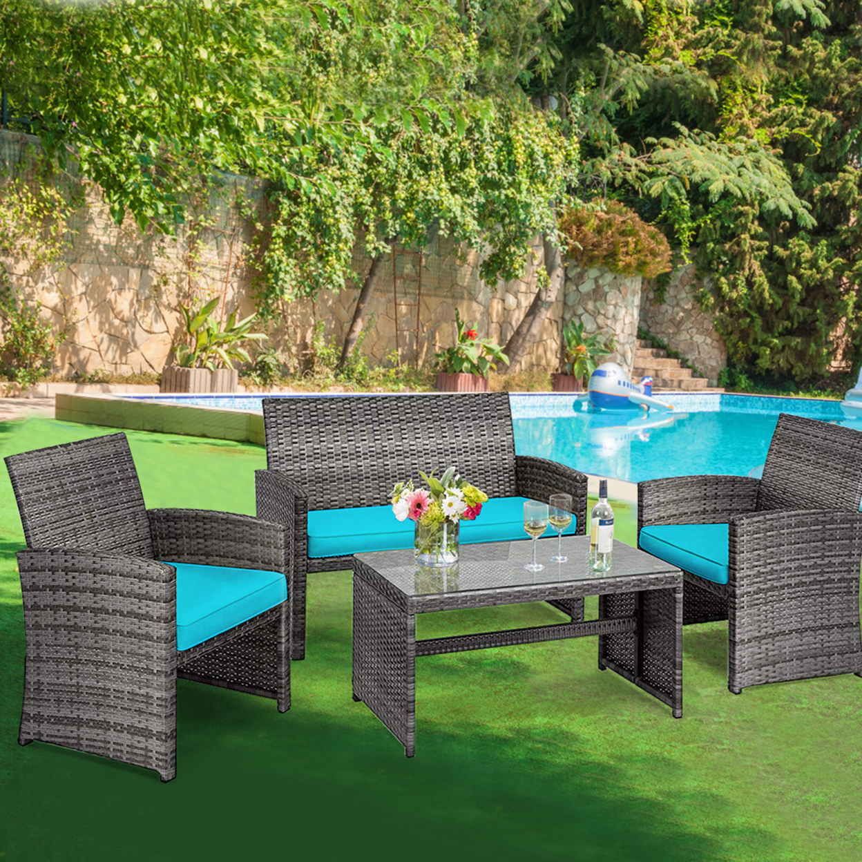 4PCS Patio Outdoor Rattan Conversation Furniture Set W/ Turquoise Cushion