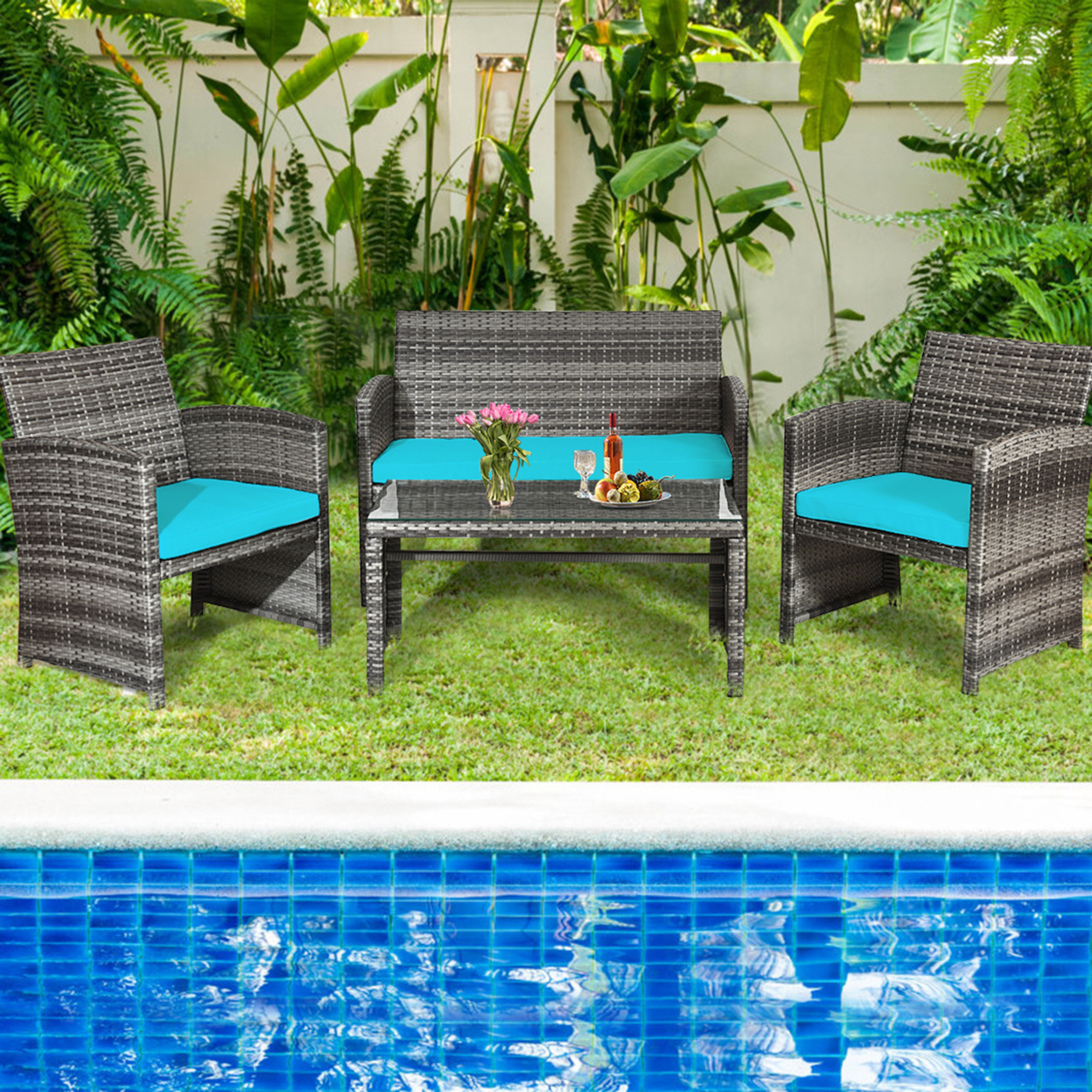 4PCS Patio Outdoor Rattan Conversation Furniture Set W/ Turquoise Cushion