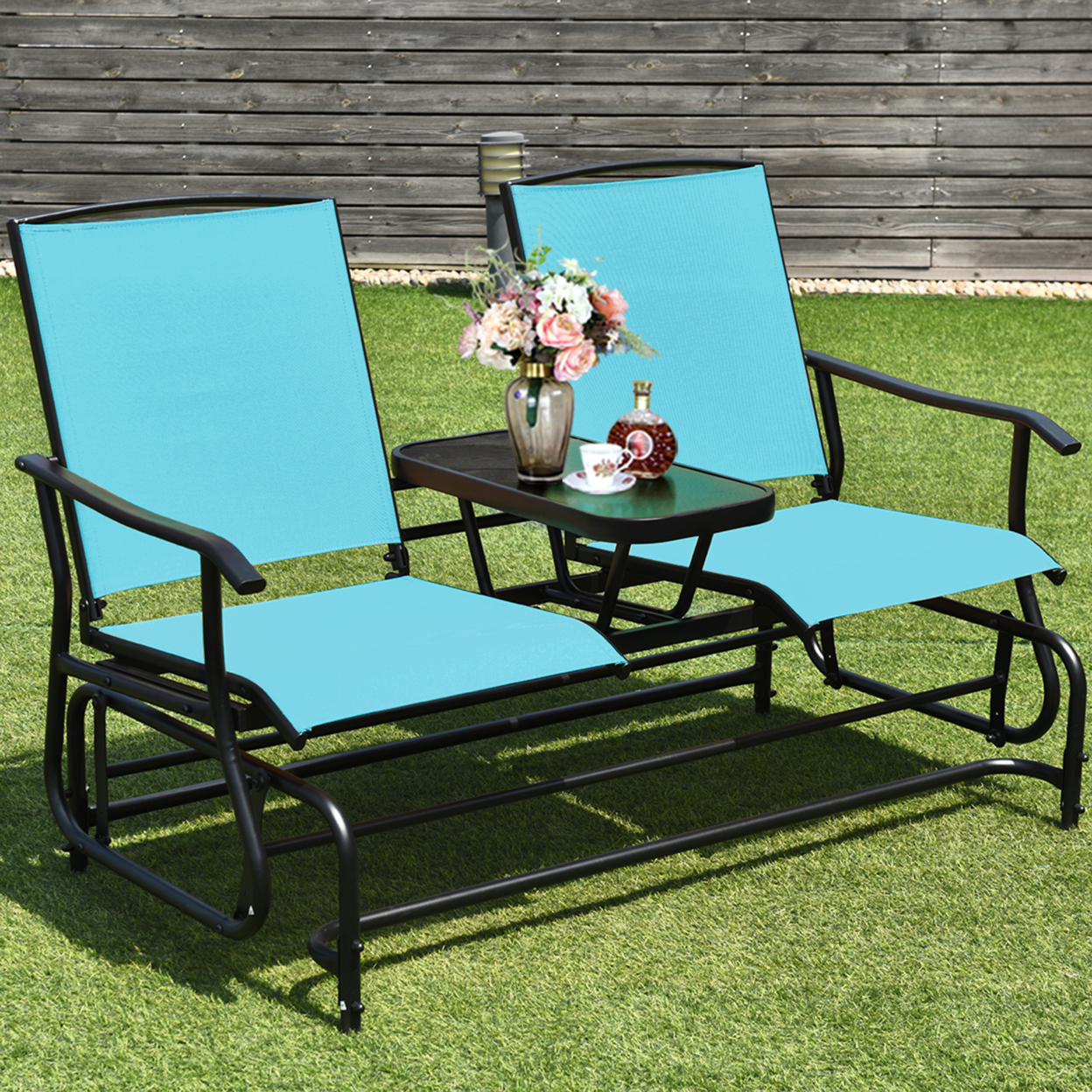 Patio 2-Person Glider Rocking Char Loveseat Garden W/ Tempered Glass Table Turquoise