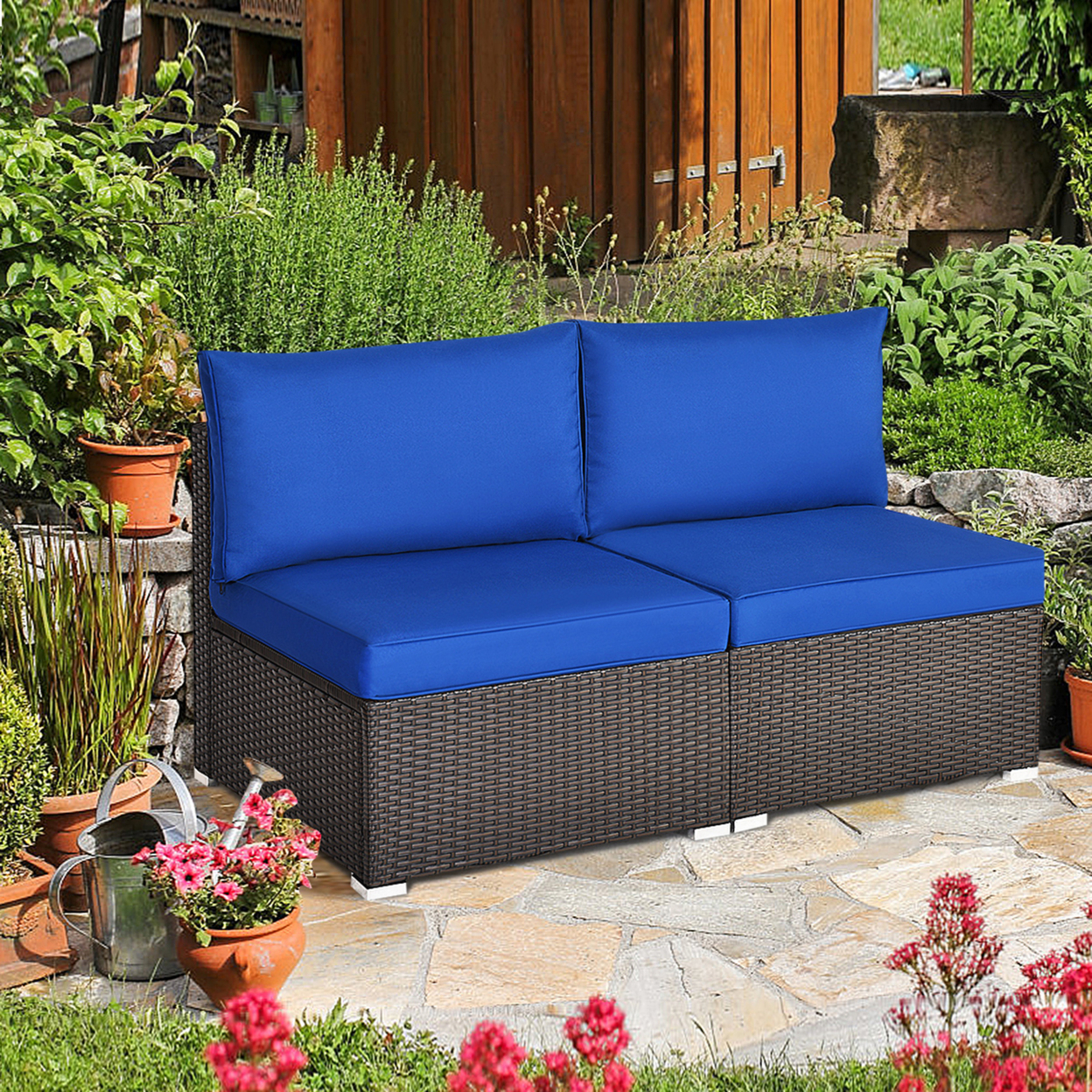 2PCS Patio Sectional Armless Sofas Rattan Furniture Set Outdoor W/ Cushions