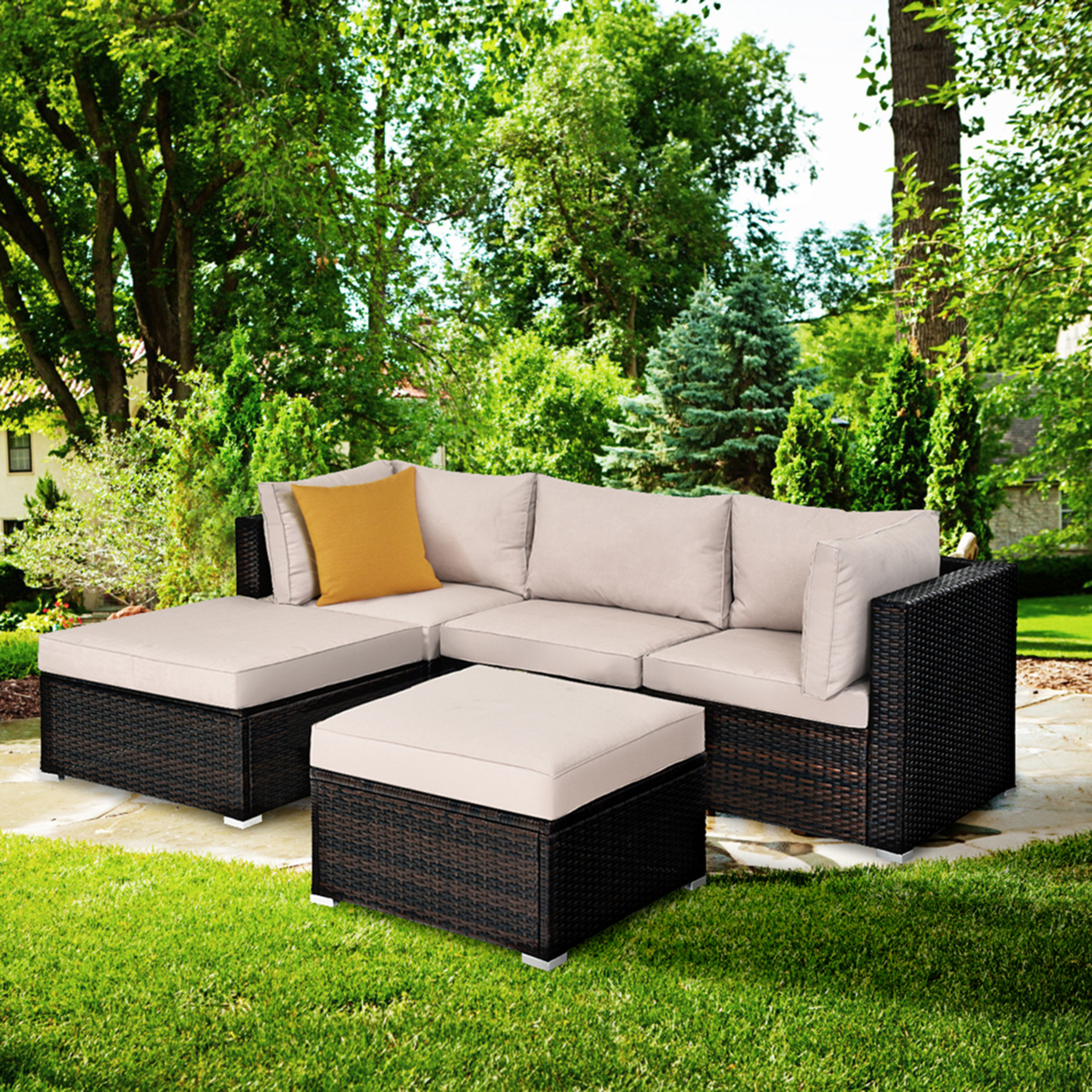 5PCS Rattan Patio Conversation Set Outdoor Furniture Set W/ Ottoman Cushion