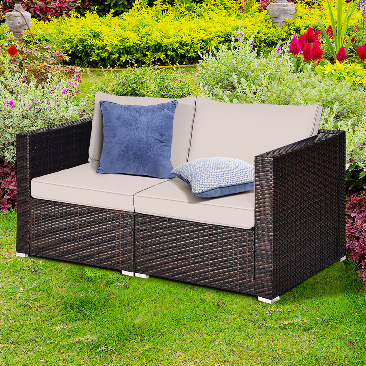2PCS Rattan Corner Sofa Set Patio Outdoor Furniture Set W/ 4 Beige Cushions