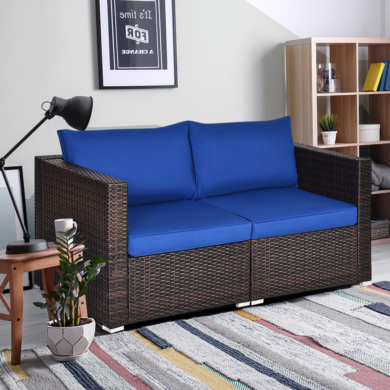 2PCS Rattan Corner Sofa Set Patio Outdoor Furniture Set W/ 4 Navy Cushions