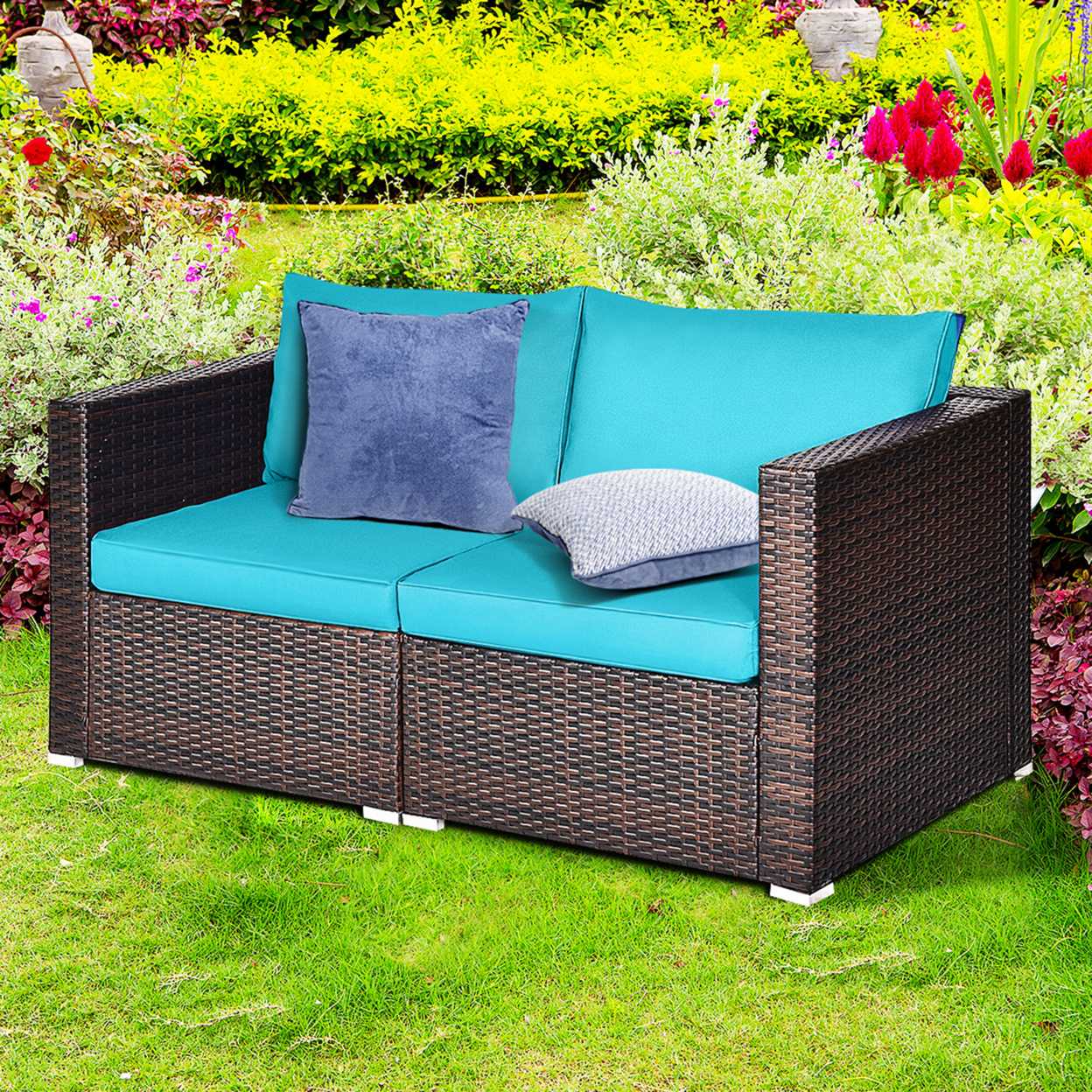 2PCS Rattan Corner Sofa Set Patio Outdoor Furniture Set W/ 4 Blue Cushions