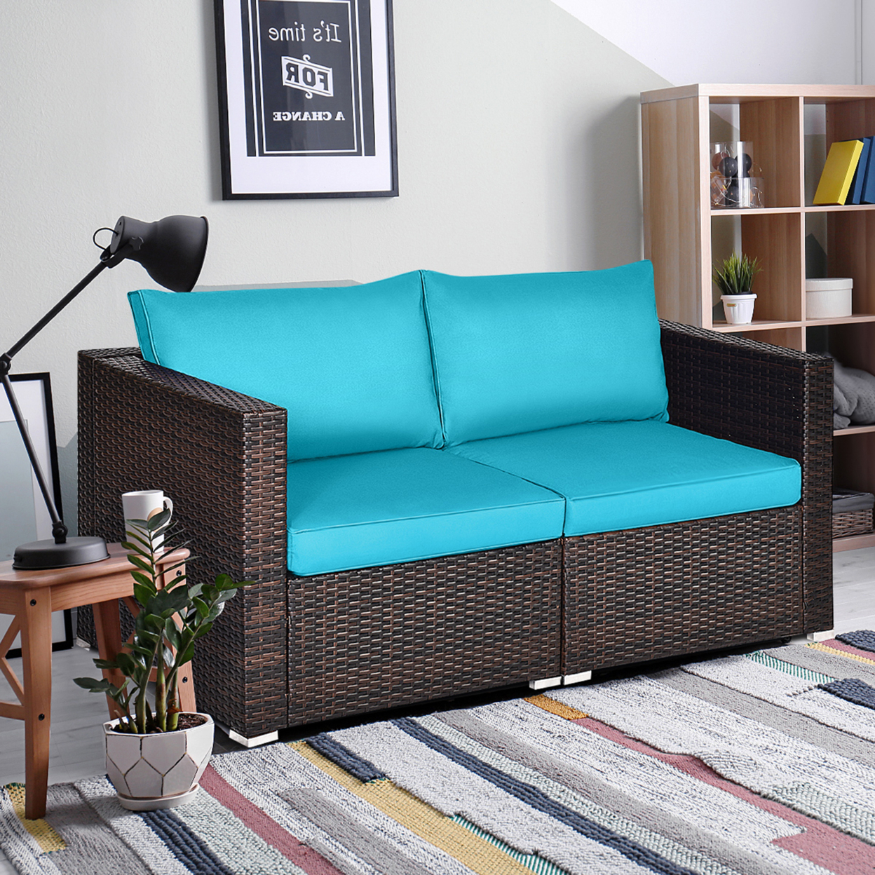2PCS Rattan Corner Sofa Set Patio Outdoor Furniture Set W/ 4 Blue Cushions