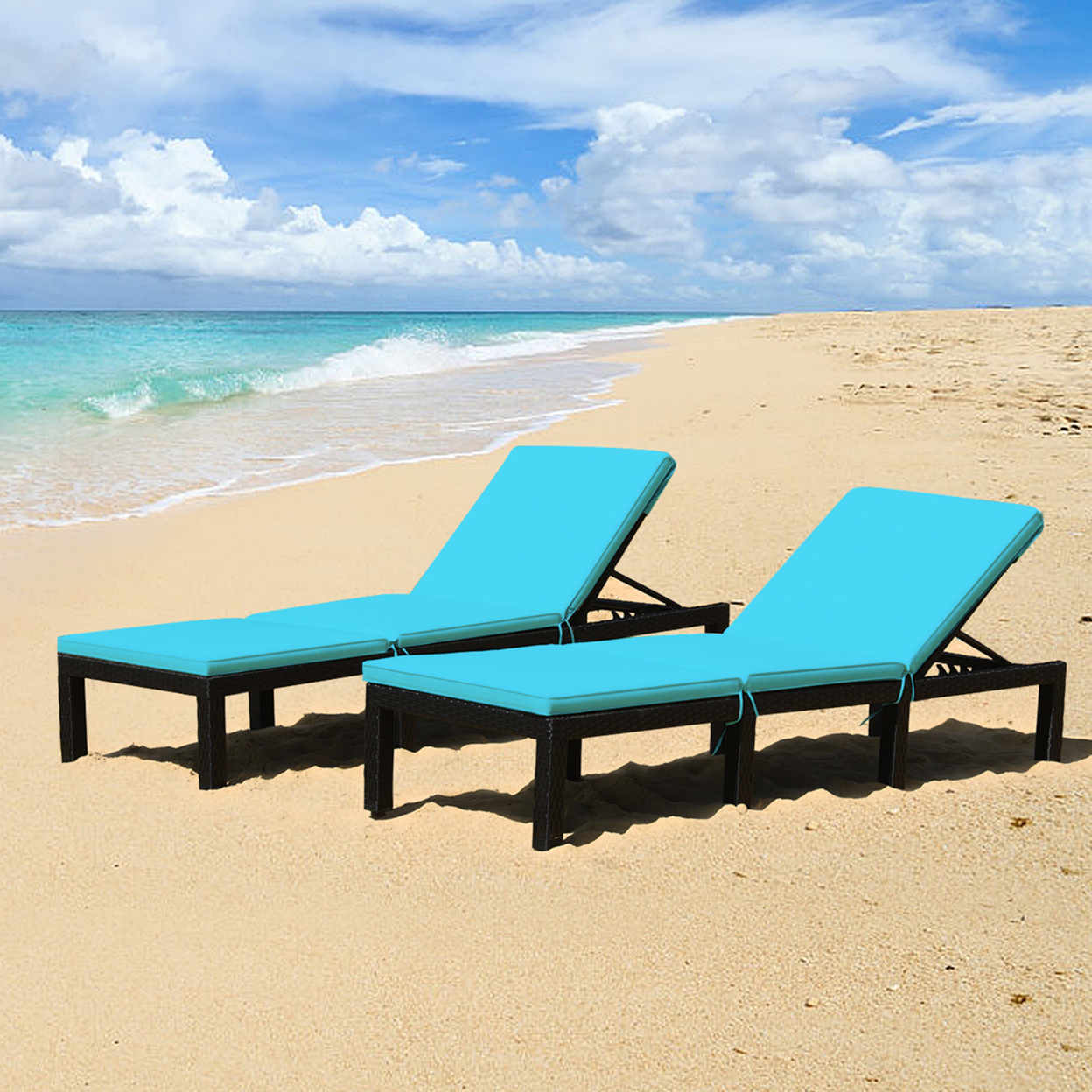 2PCS Adjustable Rattan Patio Chaise Lounge Chair Couch W/ Turquoise Cushion