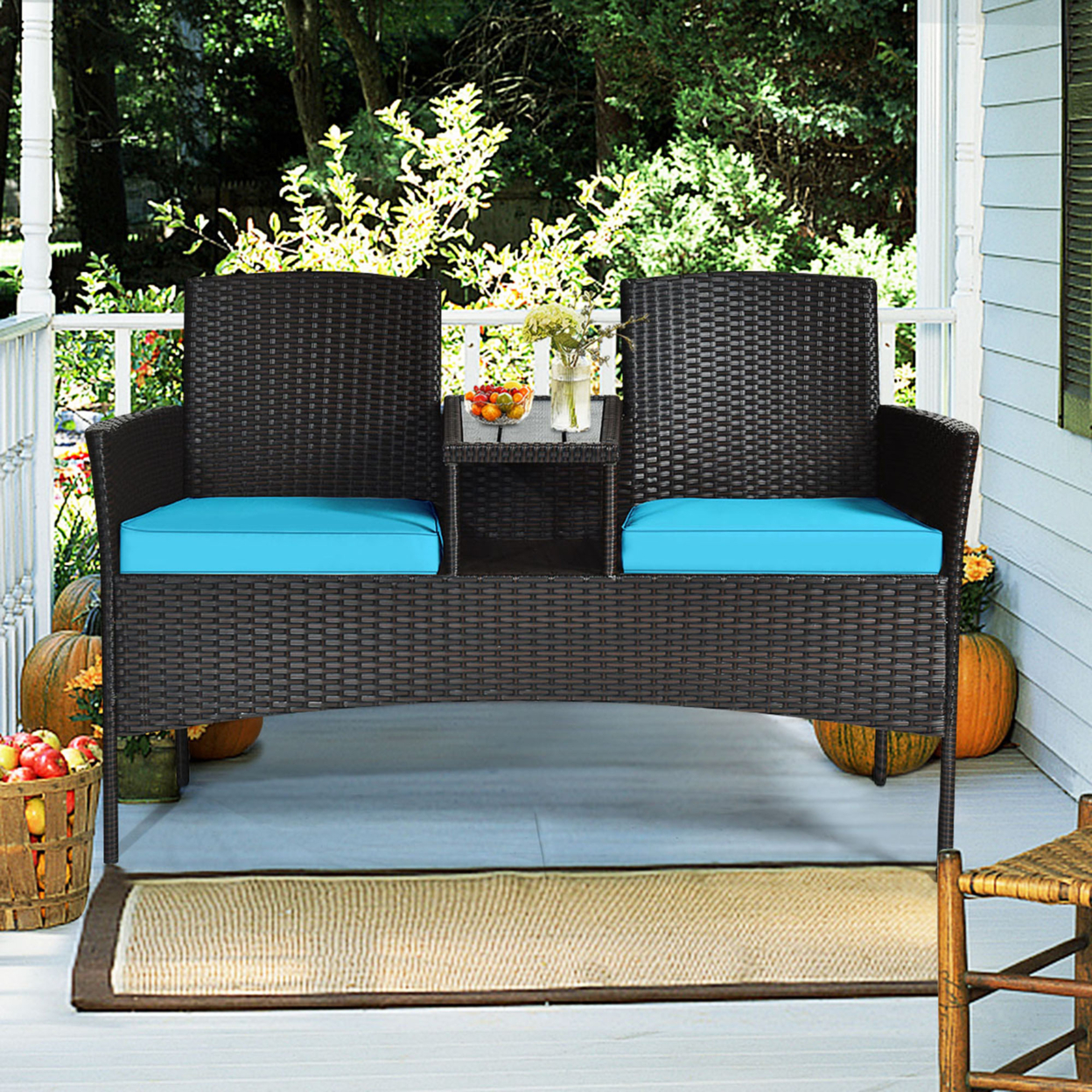 Gymax Rattan Wicker Patio Conversation Set W/ Loveseat Table Turquoise Cushion