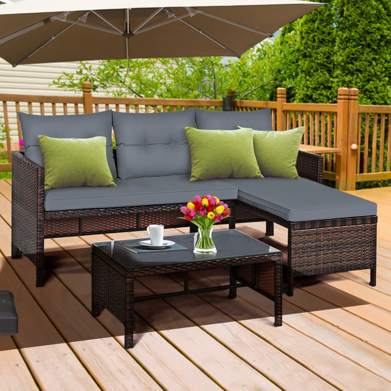 3PCS Outdoor Rattan Furniture Set Patio Couch Sofa Set W/ Cushion