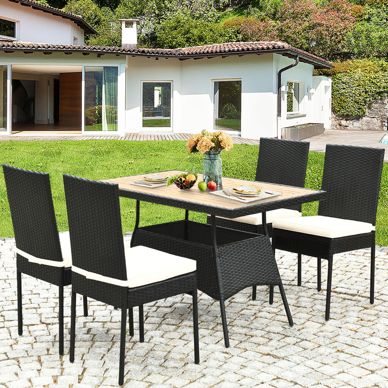 5PCS Rattan Patio Dining Set Outdoor W/ Cushion Wooden Tabletop 4 Chairs