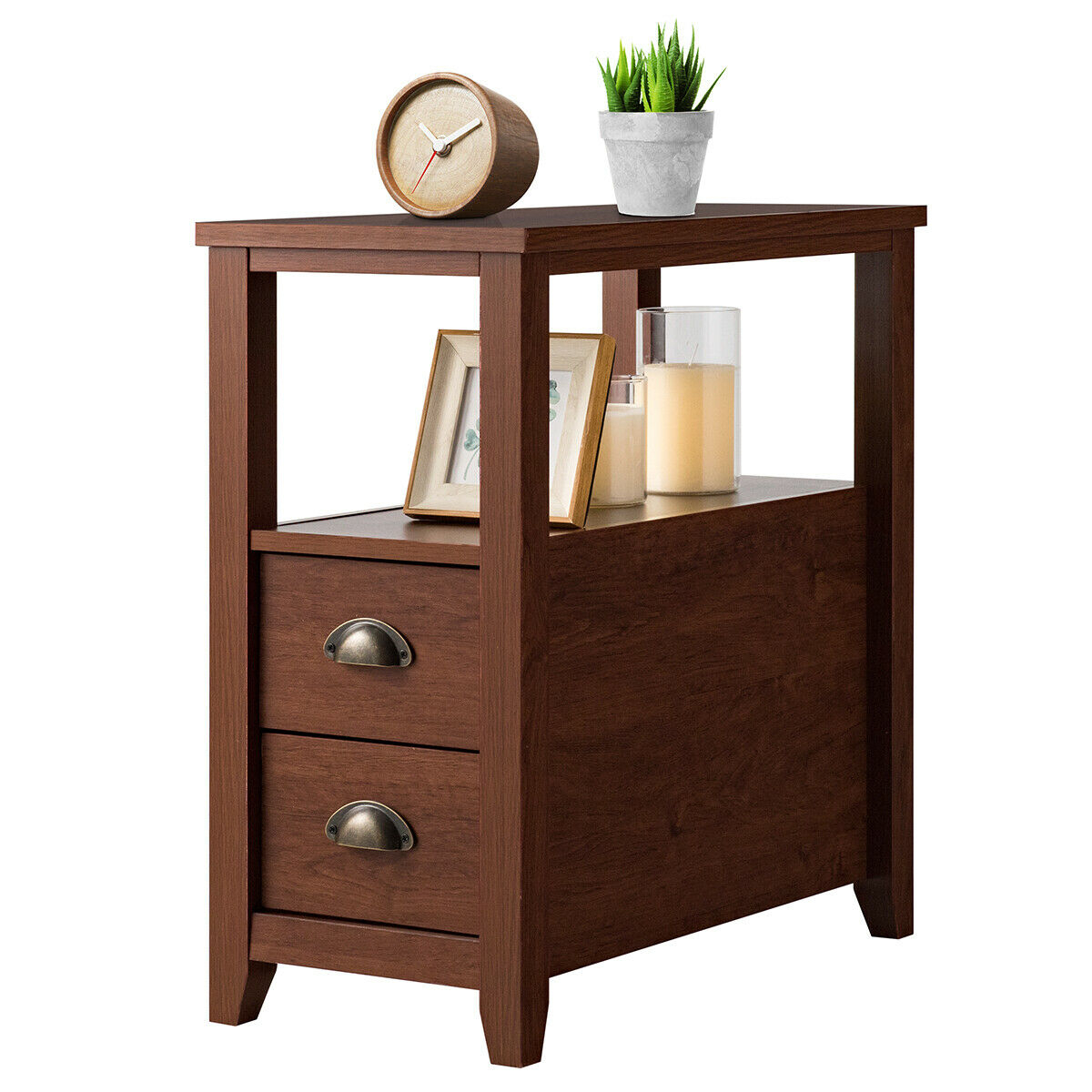 End Table W/ 2 Drawer & Shelf Nightstand Rustic Style Brown