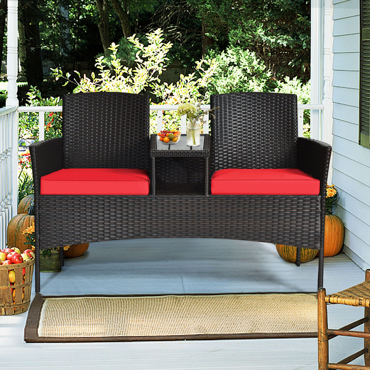 Gymax Rattan Wicker Patio Conversation Set W/ Loveseat Table Red Cushion