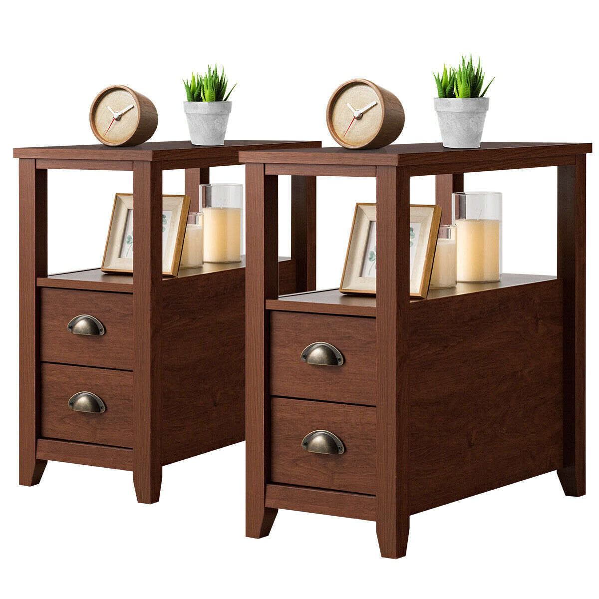 Set Of 2 Nightstand Rustic Style End Table W/Drawer Shelf Brown