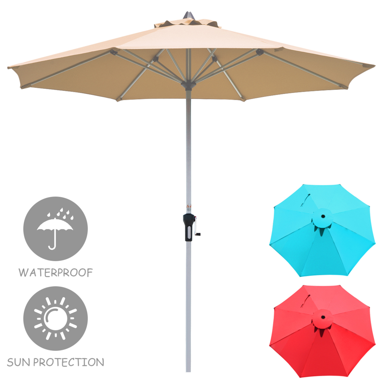 9Ft Patio Outdoor Umbrella Market Table Umbrella W/ Crank 8 Ribs Beige