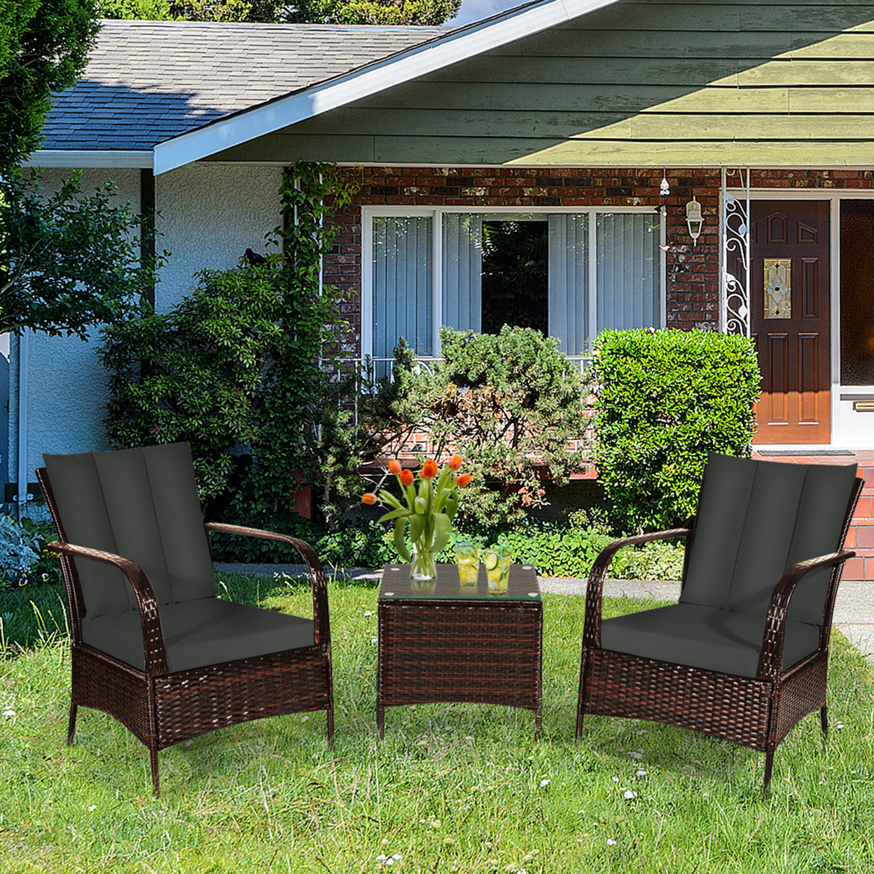 3PCS Outdoor Patio Rattan Conversation Set Furniture Set W/ Table Cushions