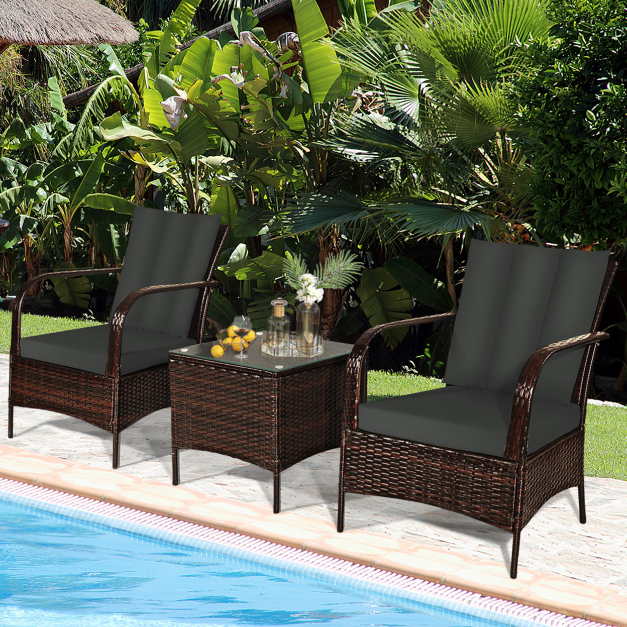 3PCS Outdoor Patio Rattan Conversation Set Furniture Set W/ Table Cushions