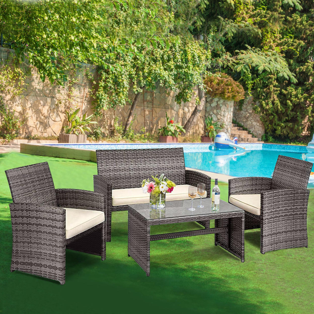 4PCS Patio Outdoor Rattan Furniture Set Chair Loveseat Table Cushioned