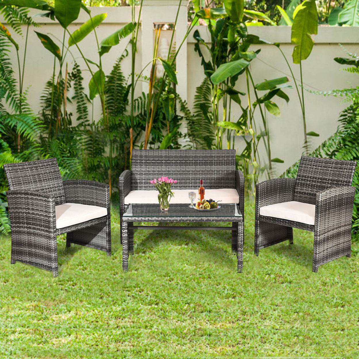 4PCS Patio Outdoor Rattan Furniture Set Chair Loveseat Table Cushioned