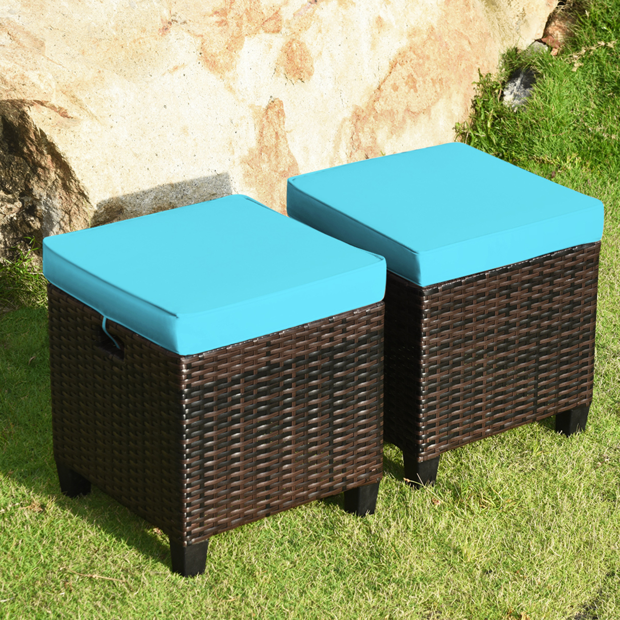 Set Of 2 Patio Rattan Ottoman Footrest Garden Outdoor W/ Turquoise Cushion