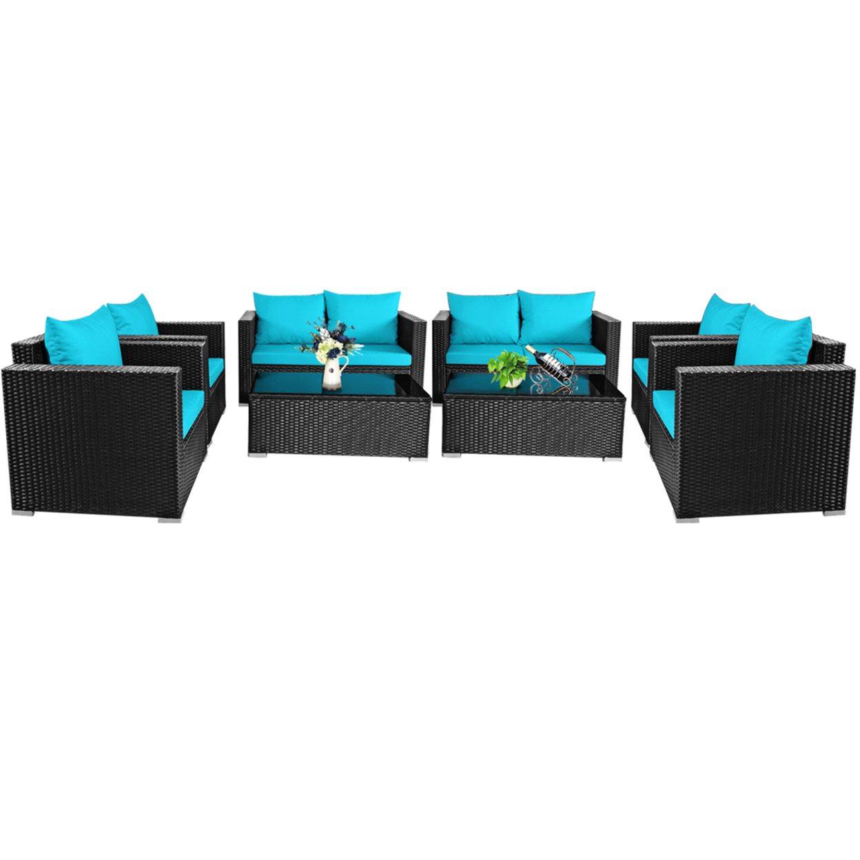 8PCS Rattan Patio Conversation Set Outdoor Furniture Set W/ Cushions - Turquoise