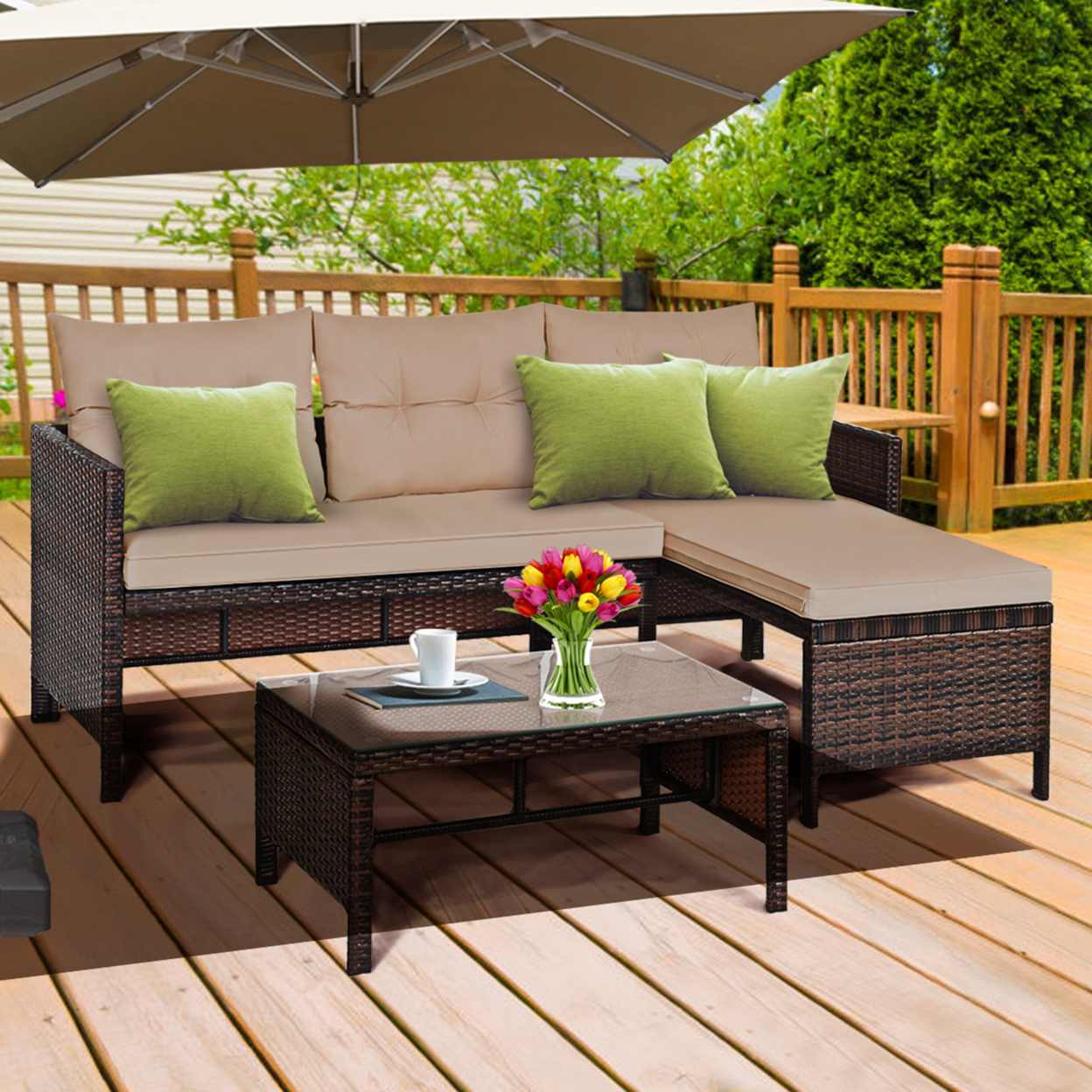 3PCS Outdoor Rattan Furniture Set Patio Couch Sofa Set W/ Coffee Table
