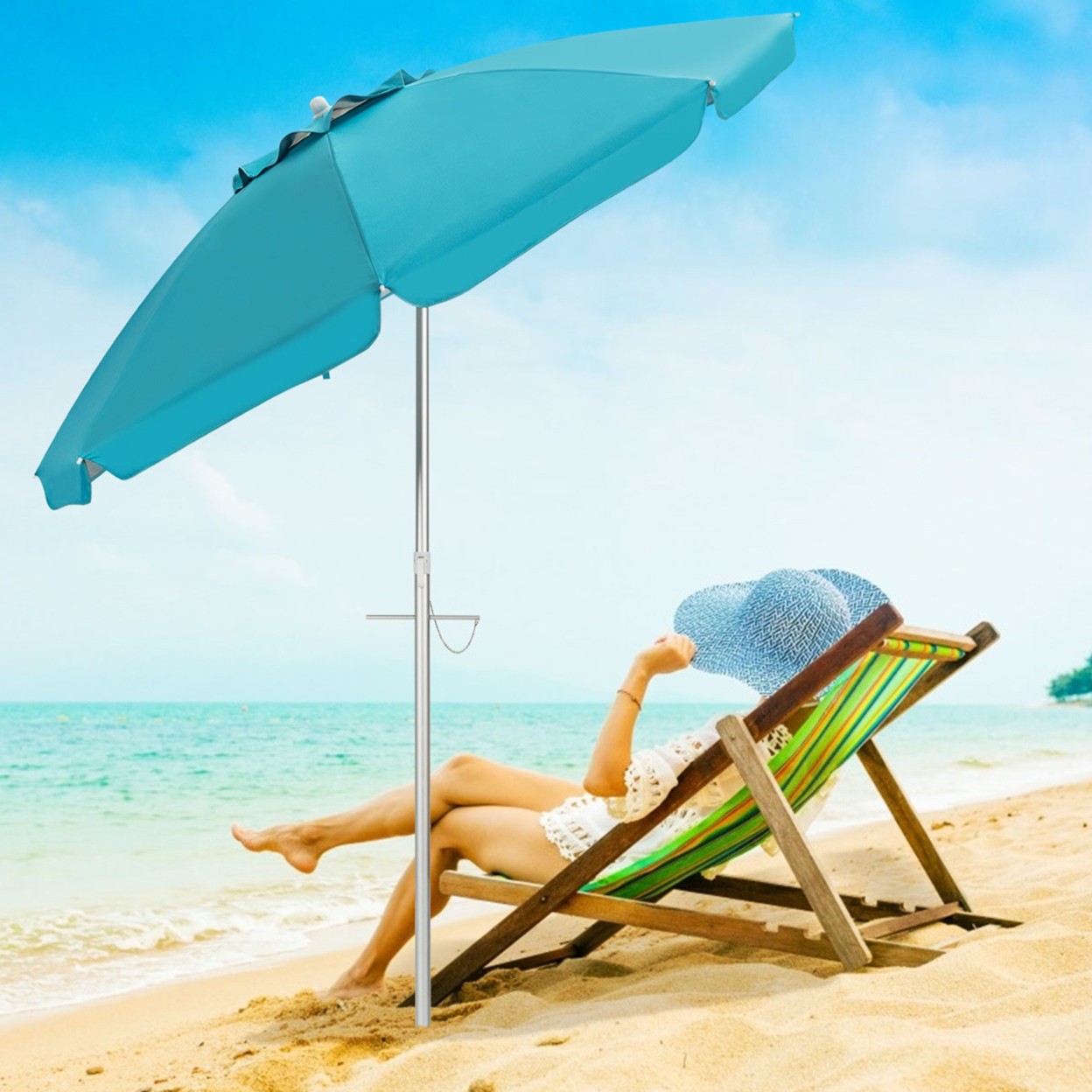 6.5Ft Beach Umbrella W/ Tilt Mechanism Sand Anchor Carrying Bag - Turquoise