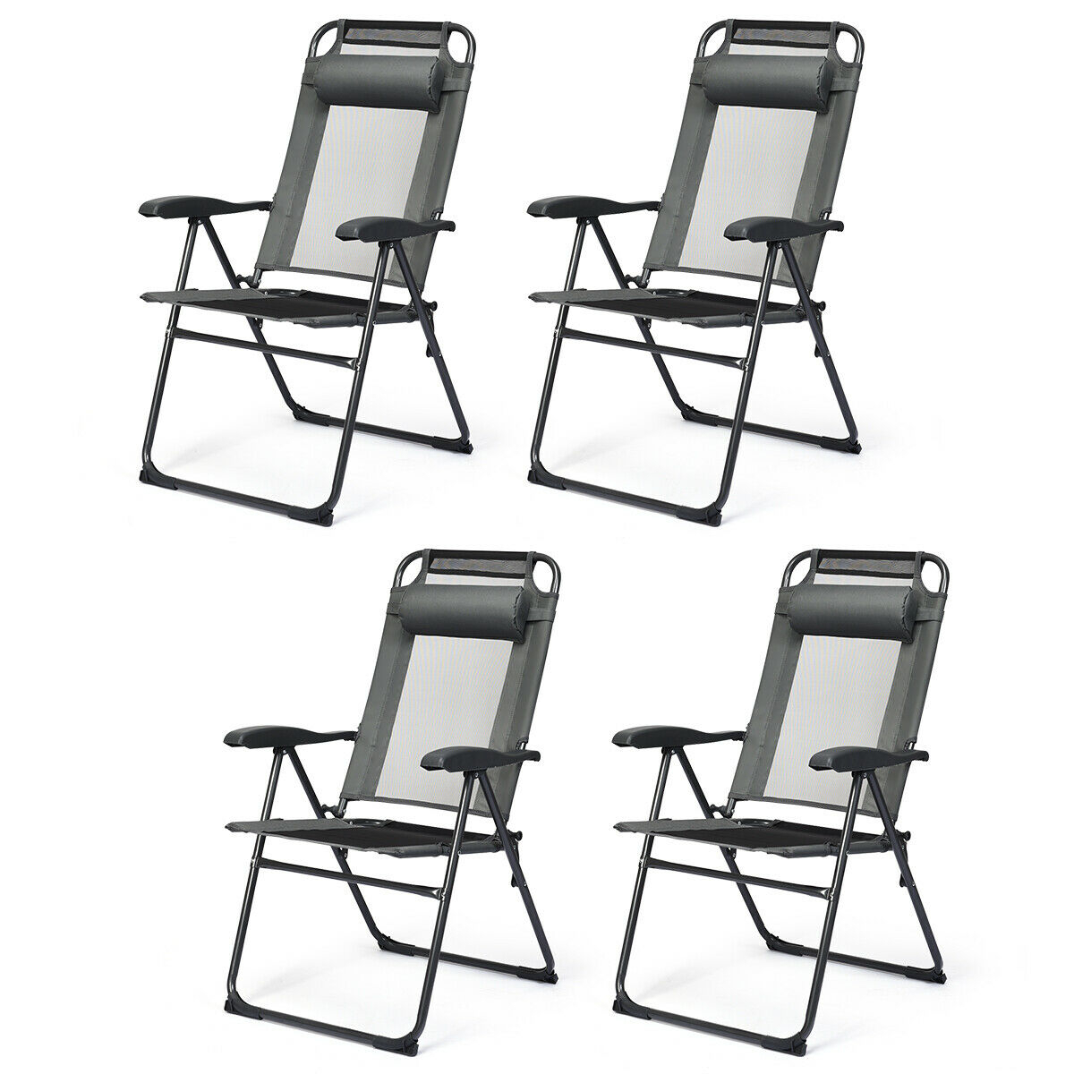 4PC Folding Chairs Adjustable Reclining Chairs With Headrest Patio Garden Grey