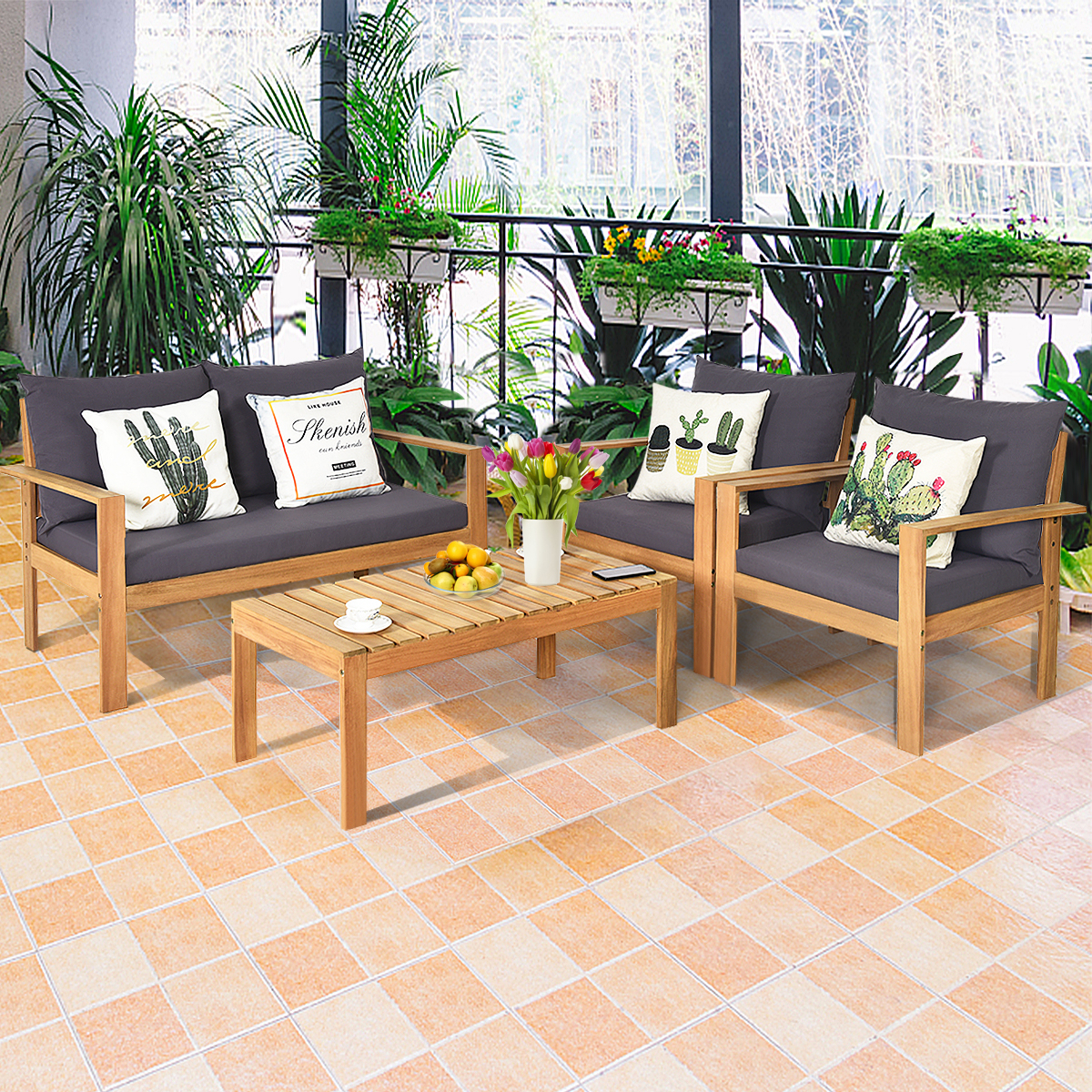 8PCS Cushioned Wooden Conversation Set Patio Outdoor Furniture Set