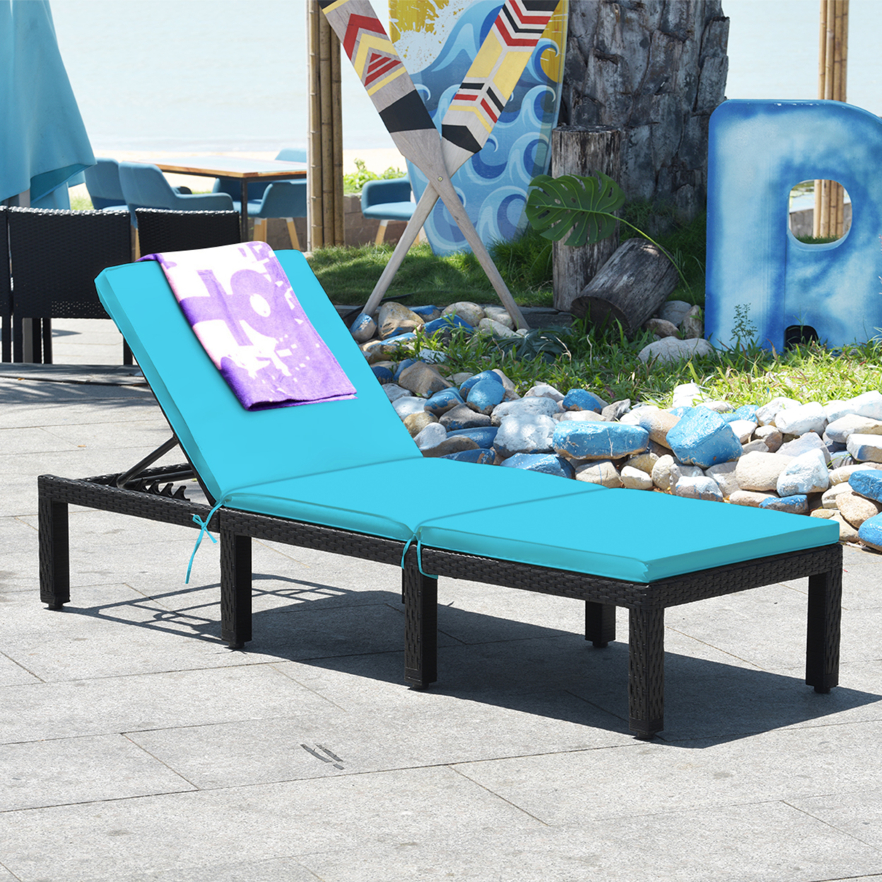 Adjustable Rattan Patio Chaise Lounge Chair Couch W/ Turquoise Cushion