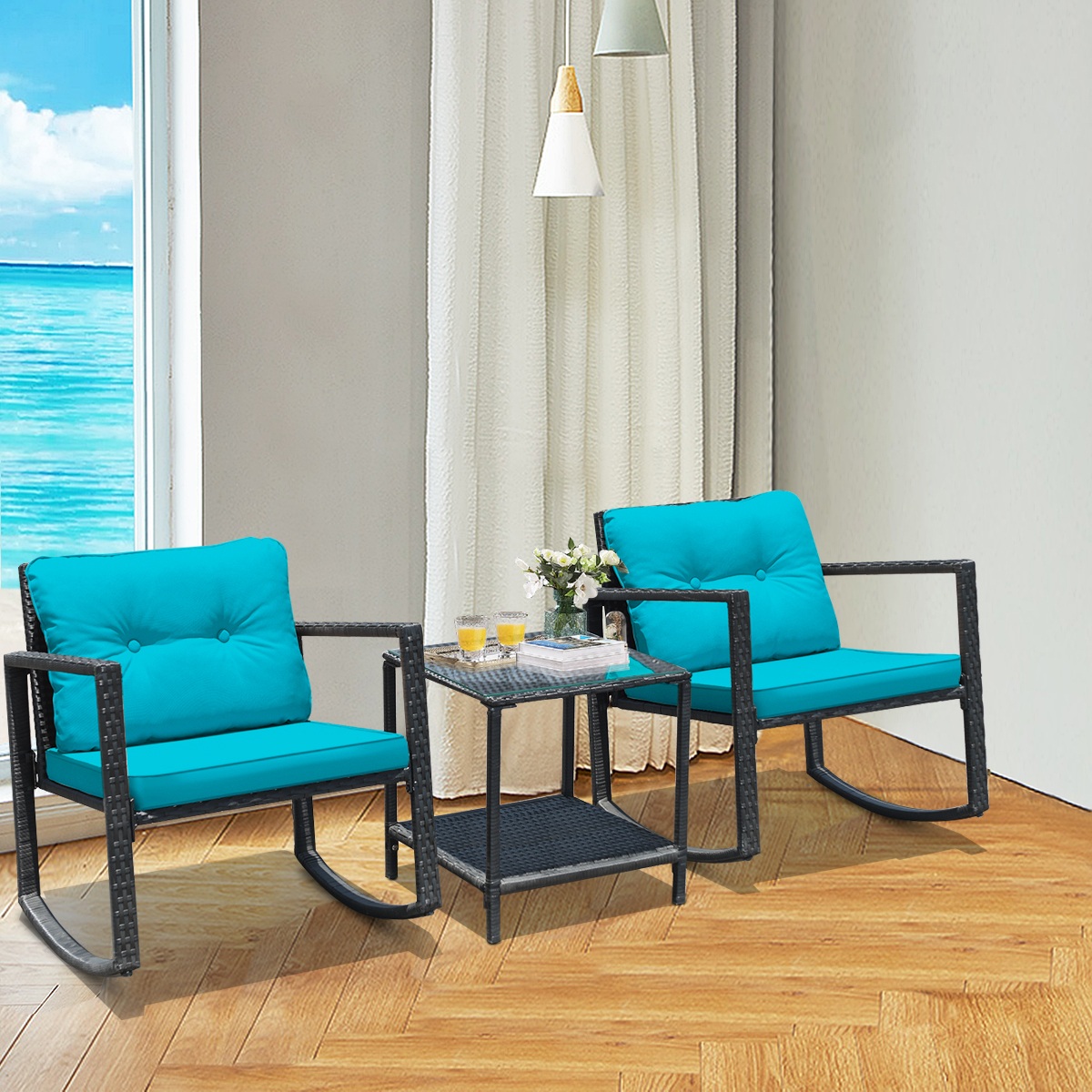 3PCS Rattan Rocking Chair Table Set Patio Furniture Set W/ Blue Cushions