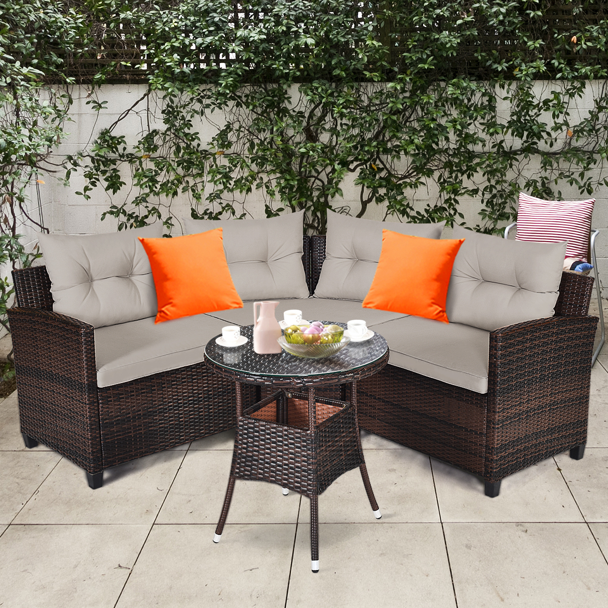 4PCS Patio Furniture Set Outdoor Rattan Sectional W/ Cushioned Sofa Table