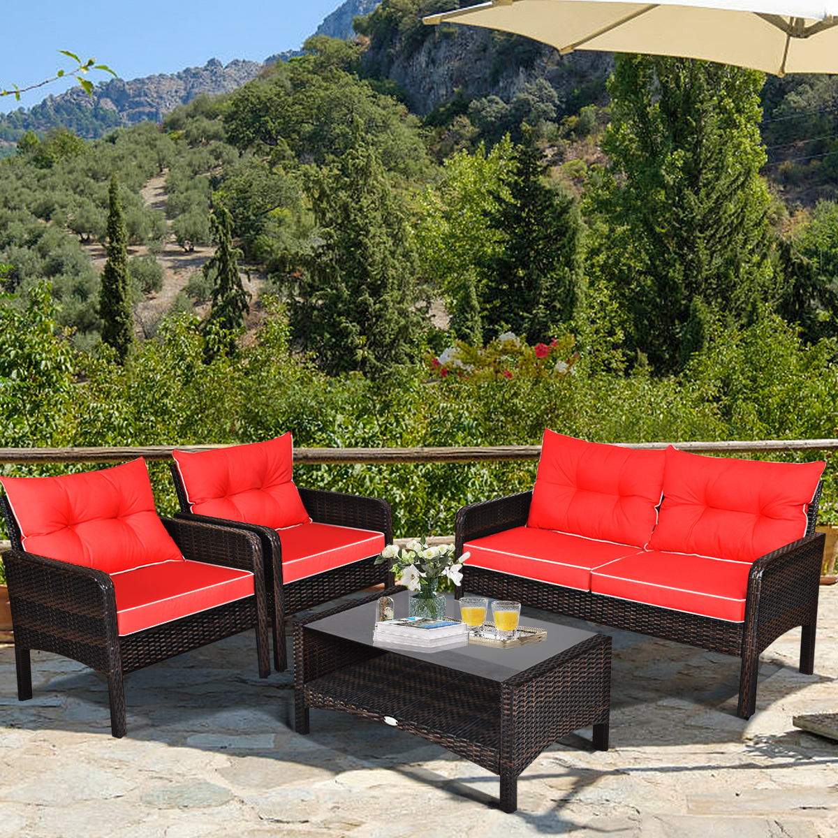 4PCS Rattan Patio Conversation Set Red Cushioned Outdoor Furniture Set