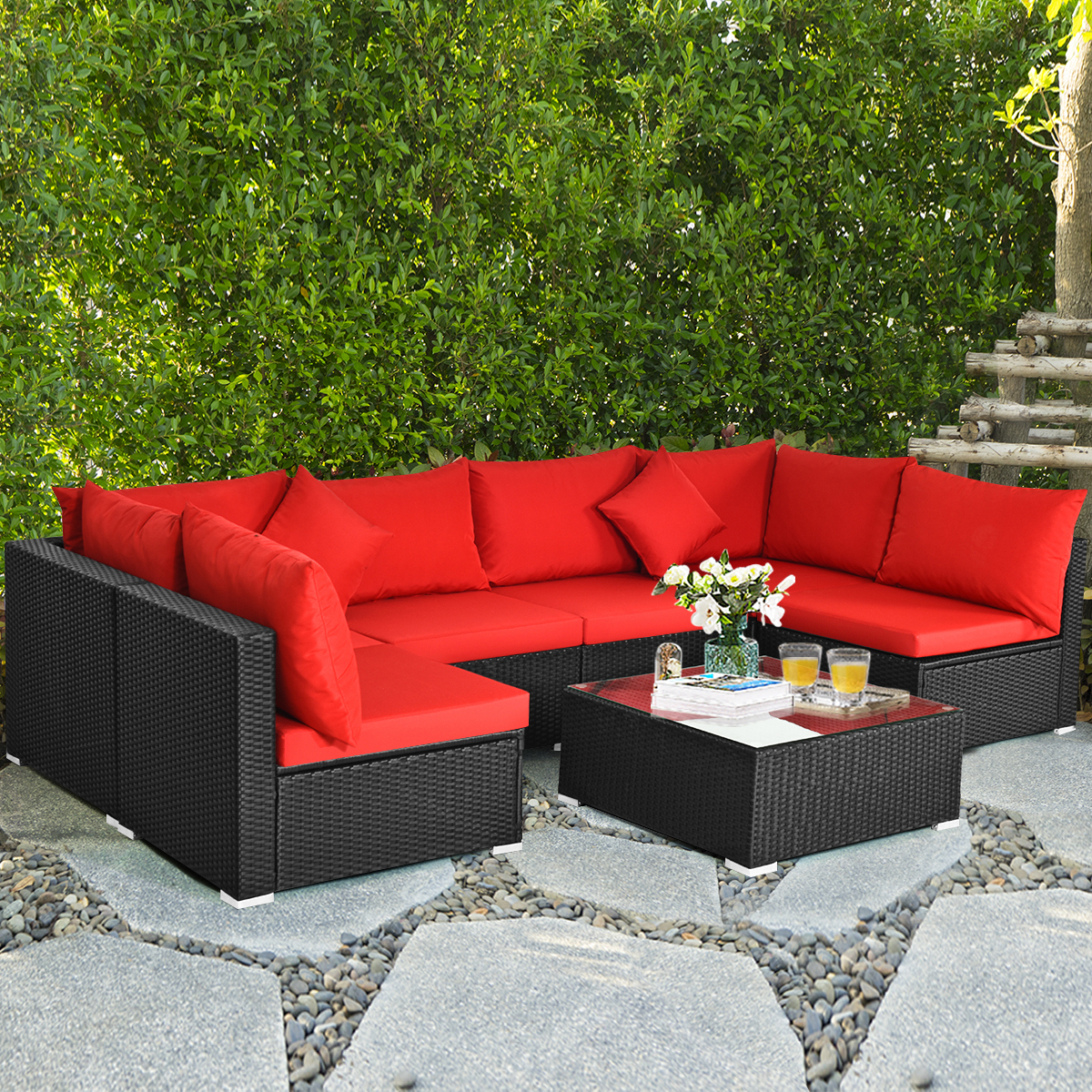 7PCS Rattan Patio Conversation Set Sectional Furniture Set W/ Red Cushion