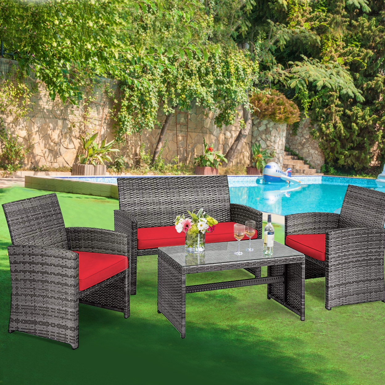 4PCS Patio Outdoor Rattan Conversation Furniture Set W/ Red Cushion