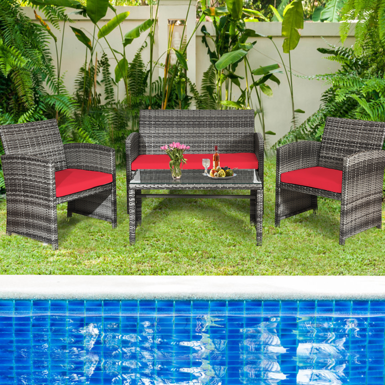 4PCS Patio Outdoor Rattan Conversation Furniture Set W/ Red Cushion