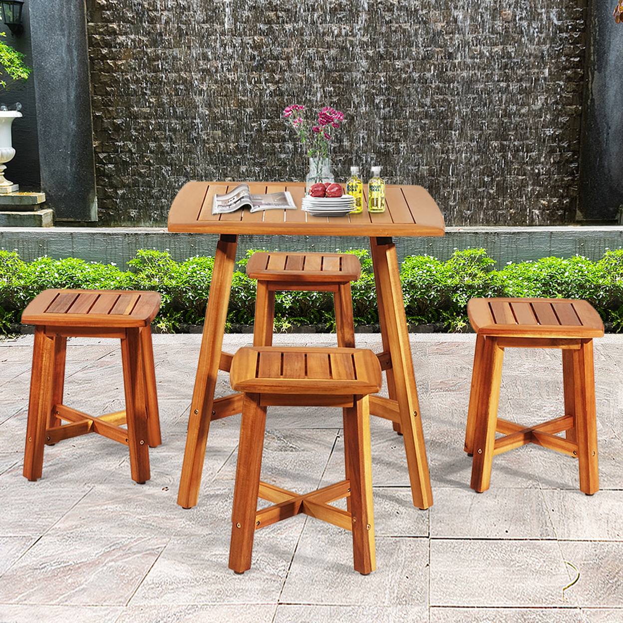 5PCS Wooden Patio Dining Furniture Set Yard Outdoor W/ 4 Square Stools