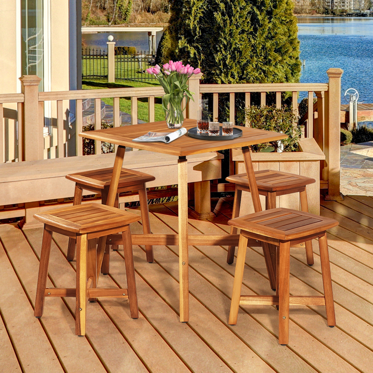 5PCS Wooden Patio Dining Furniture Set Yard Outdoor W/ 4 Square Stools