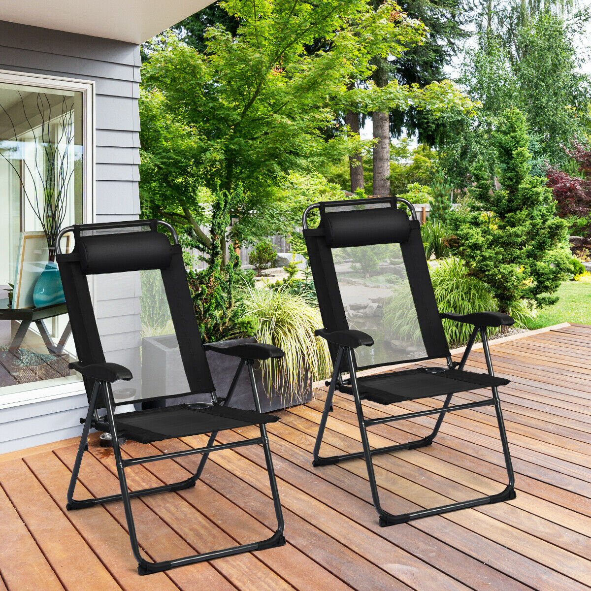2PC Folding Chairs Adjustable Reclining Chairs With Headrest Patio Garden Black