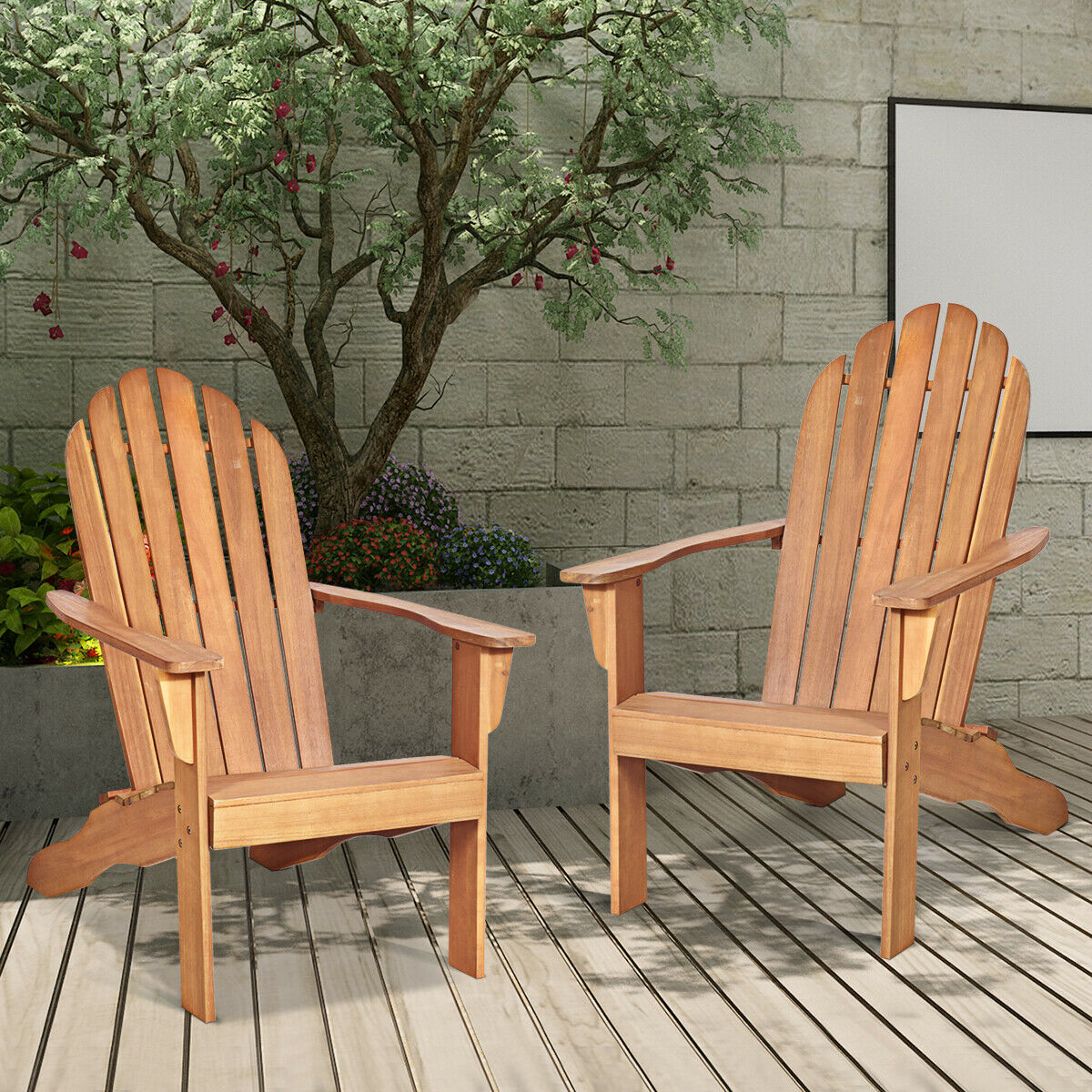2PCS Wooden Classic Adirondack Chair Lounge Chair Outdoor Patio Natural