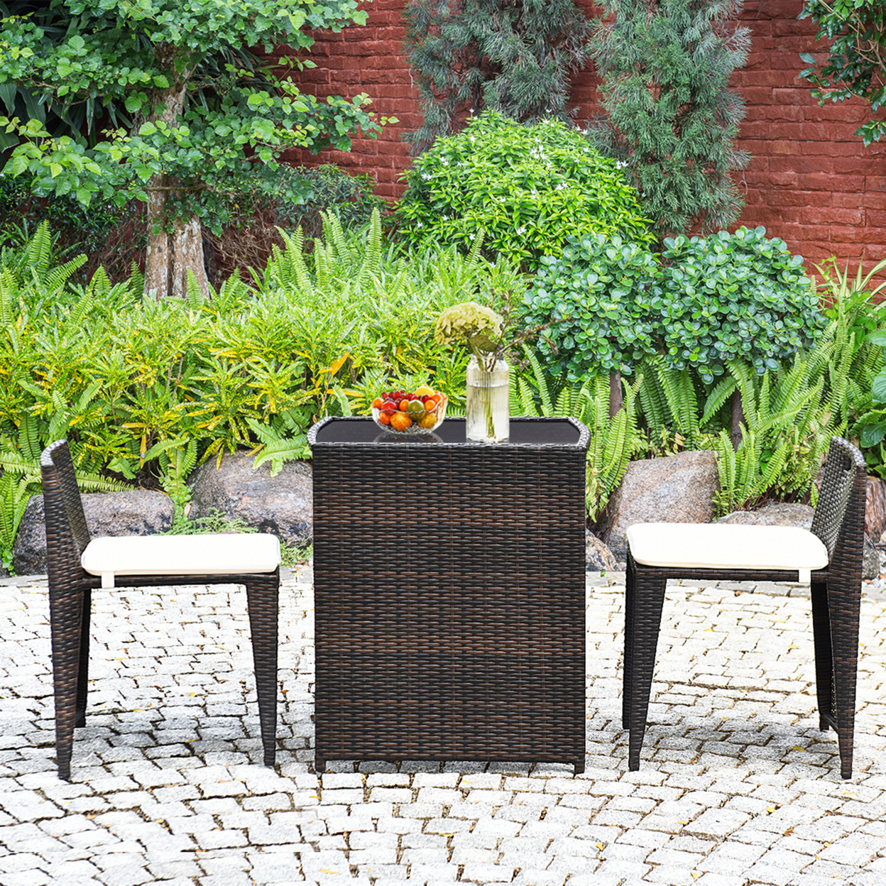 3 PCS Cushioned Wicker Patio Furniture Set Seat Sofa Outdoor No Assembly Brown