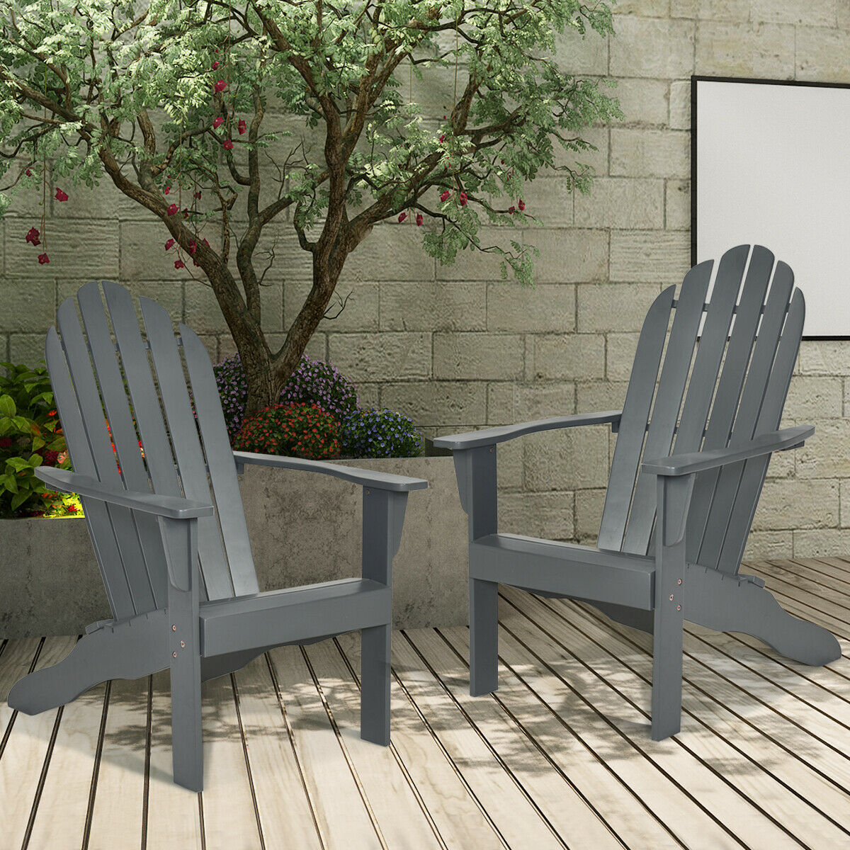 2PCS Wooden Classic Adirondack Chair Lounge Chair Outdoor Patio Grey