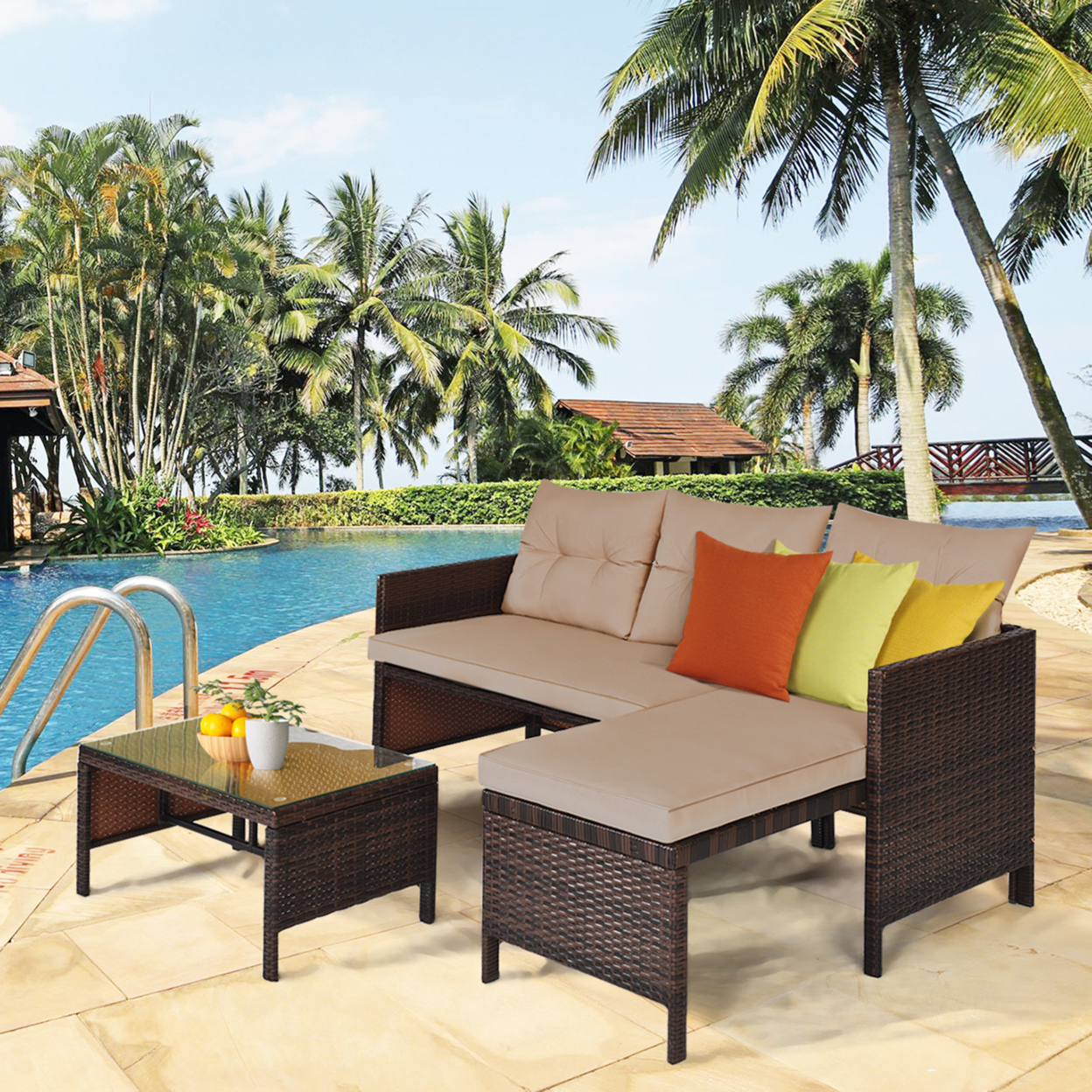3PC Rattan Furniture Sofa Lounge Chaise Set Outdoor Patio Garden