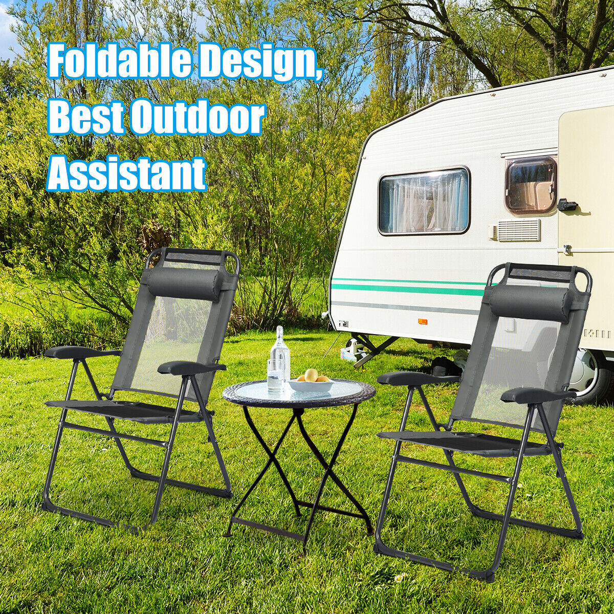 2PC Folding Chairs Adjustable Reclining Chairs With Headrest Patio Garden Grey