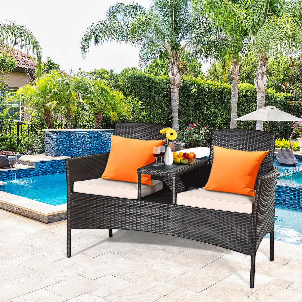 Patented Cushioned Rattan Wicker Patio Conversation Set W/ Loveseat Table Brown