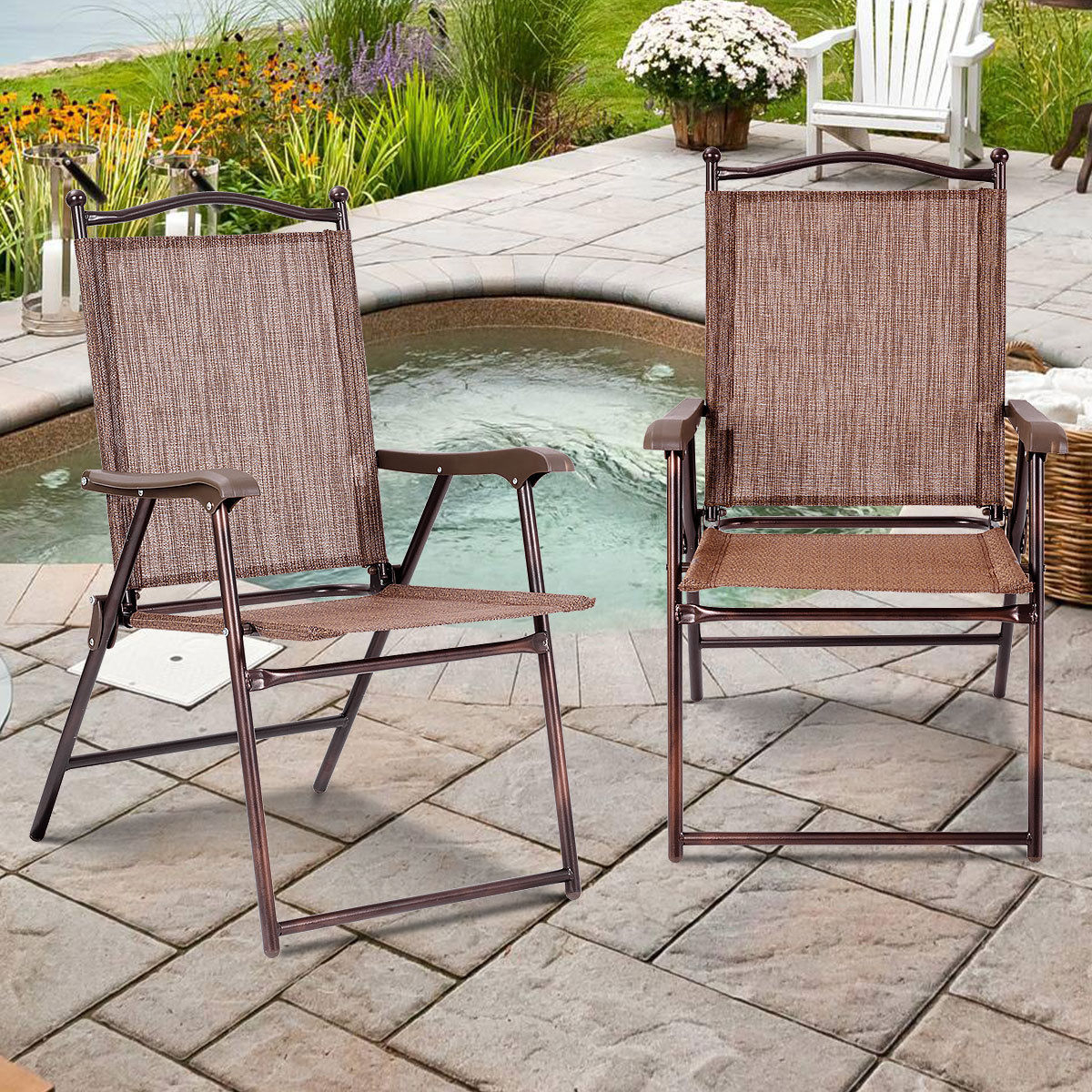 Set Of 2 Folding Patio Furniture Sling Back Chairs Outdoors Brown