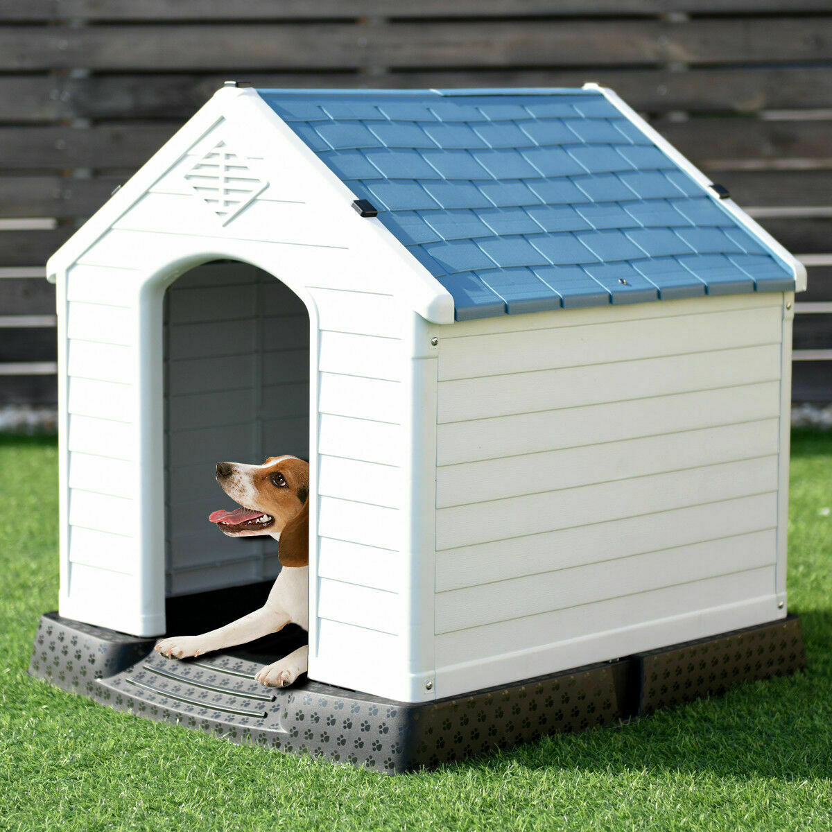 Plastic Dog House Pet Puppy Shelter Waterproof Indoor/Outdoor Ventilate Blue
